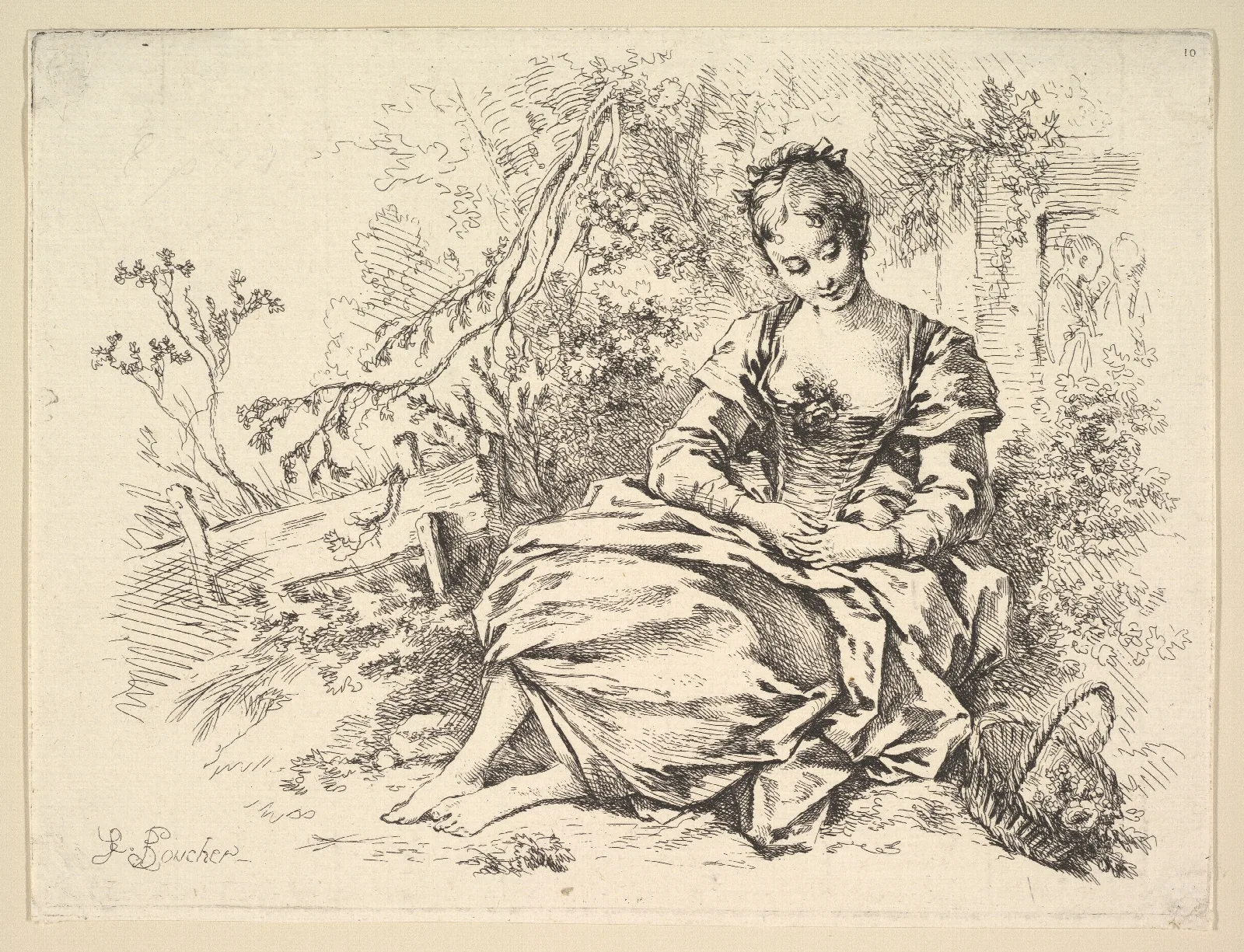 Girl In A Landscape With A Basket Of Flowers Wall Art by François Boucher - Canvas Print