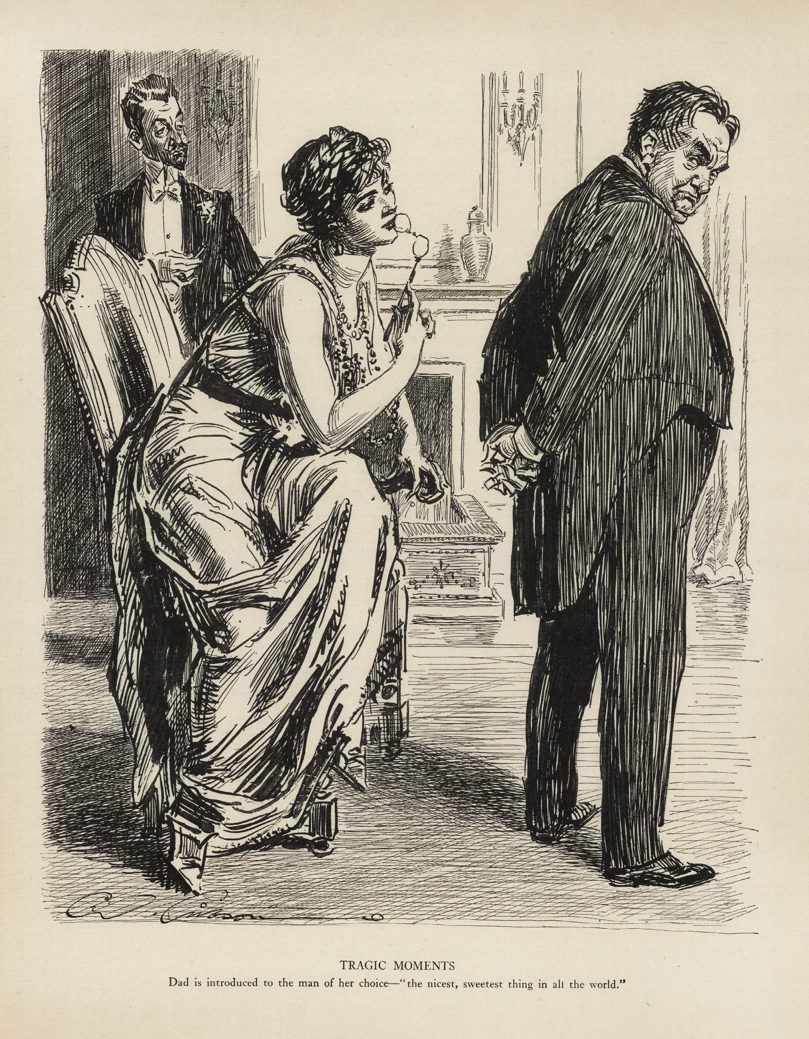 Tragic Moments Dad Is Introduced To The Man Of Her Choice Wall Art by Charles Dana Gibson - Canvas Print