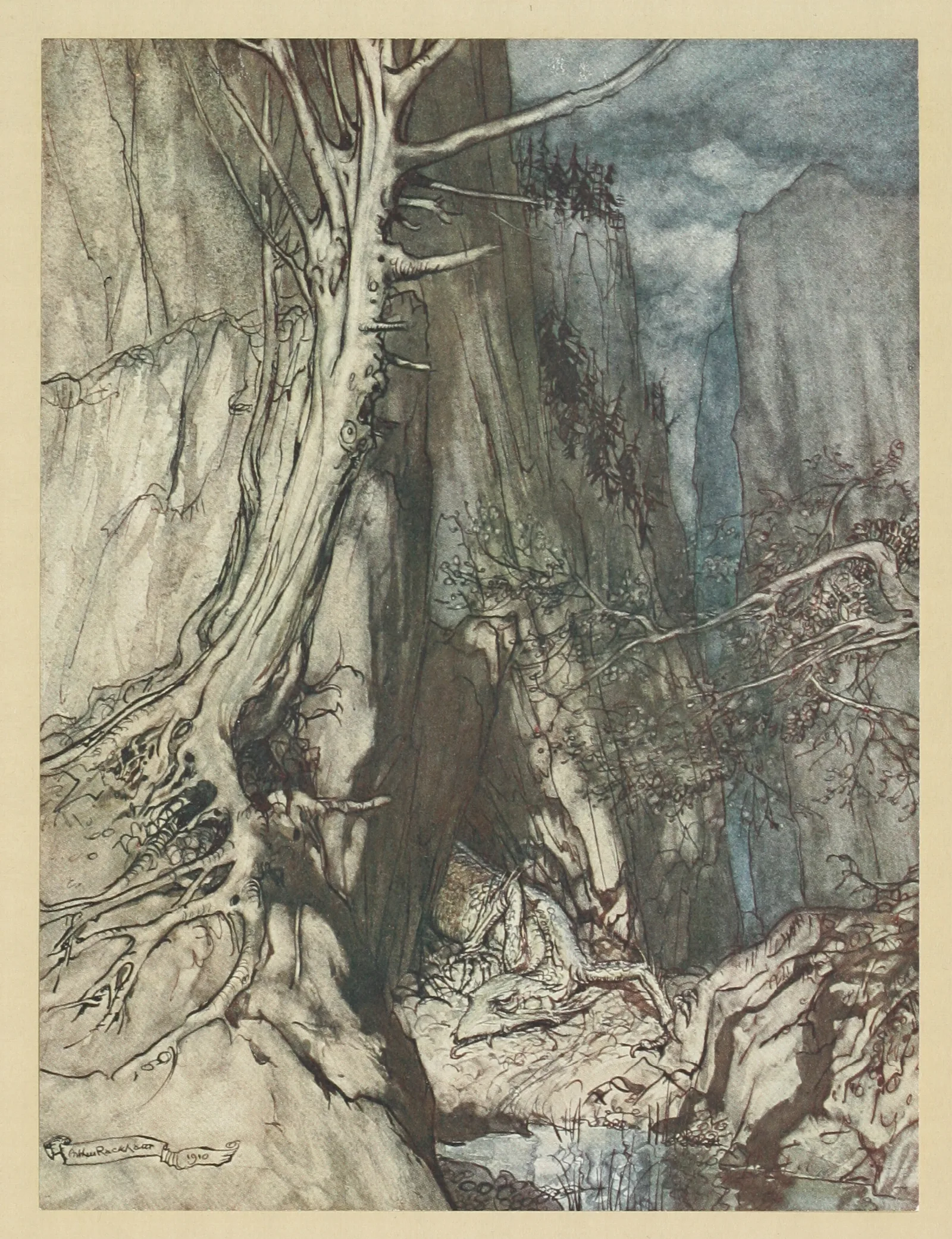 There As A Dread Dragon He Sojourns And In A Cave Keeps Watch Over Alberichs Ring Wall Art by Arthur Rackham - Canvas Print