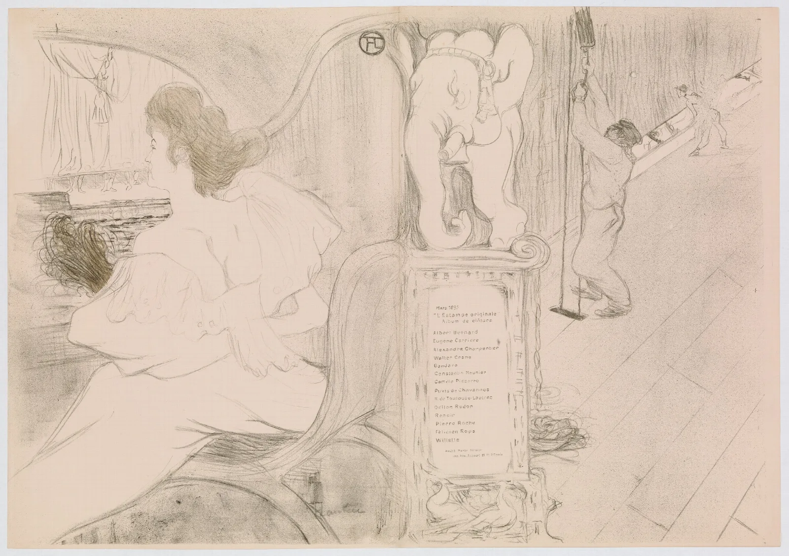At The Curtain Au Rideau From Lestampe Originale Wall Art by Henri de Toulouse-Lautrec - Canvas Print