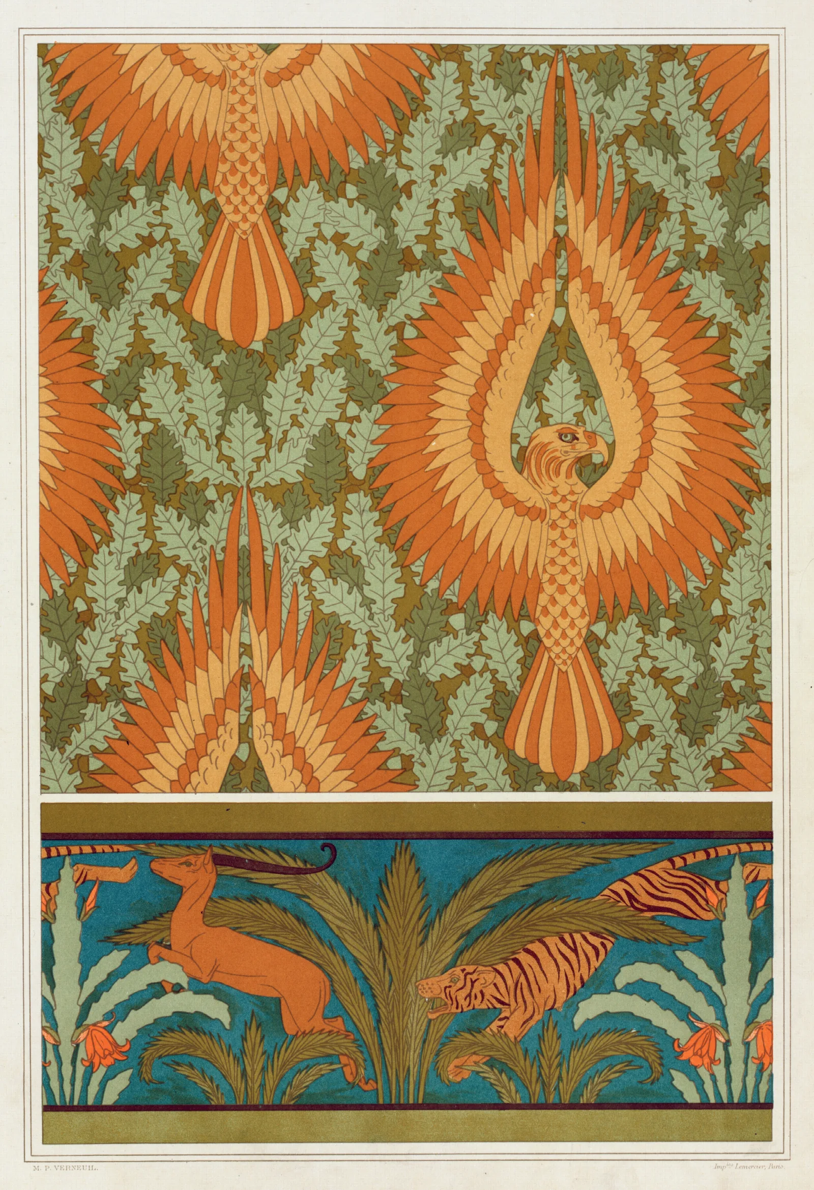 Aigles Et Chene Papier Peint Antilopes Tigres Cactus Et Palmiers Bordure Wall Art by Maurice Pillard Verneuil - Canvas Print
