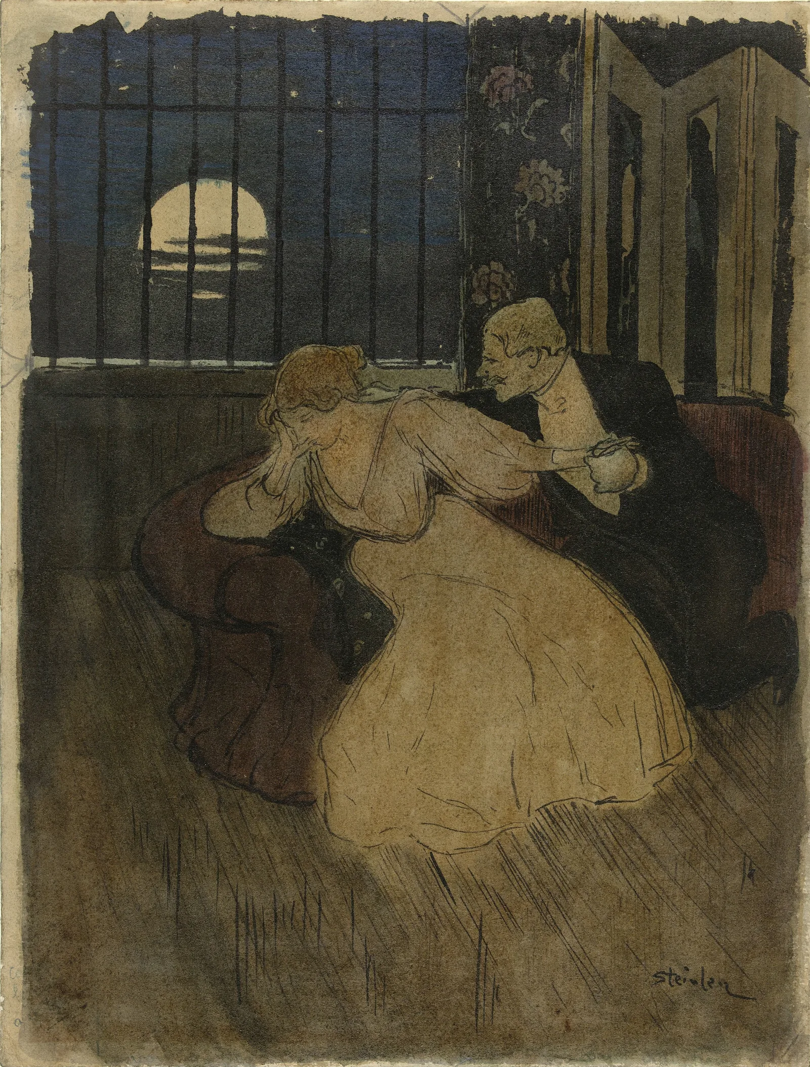 Heer In Rok Tracht Een Twijfelende Dame Op Een Sofa Te Overreden Wall Art by Théophile Alexandre Steinlen - Canvas Print