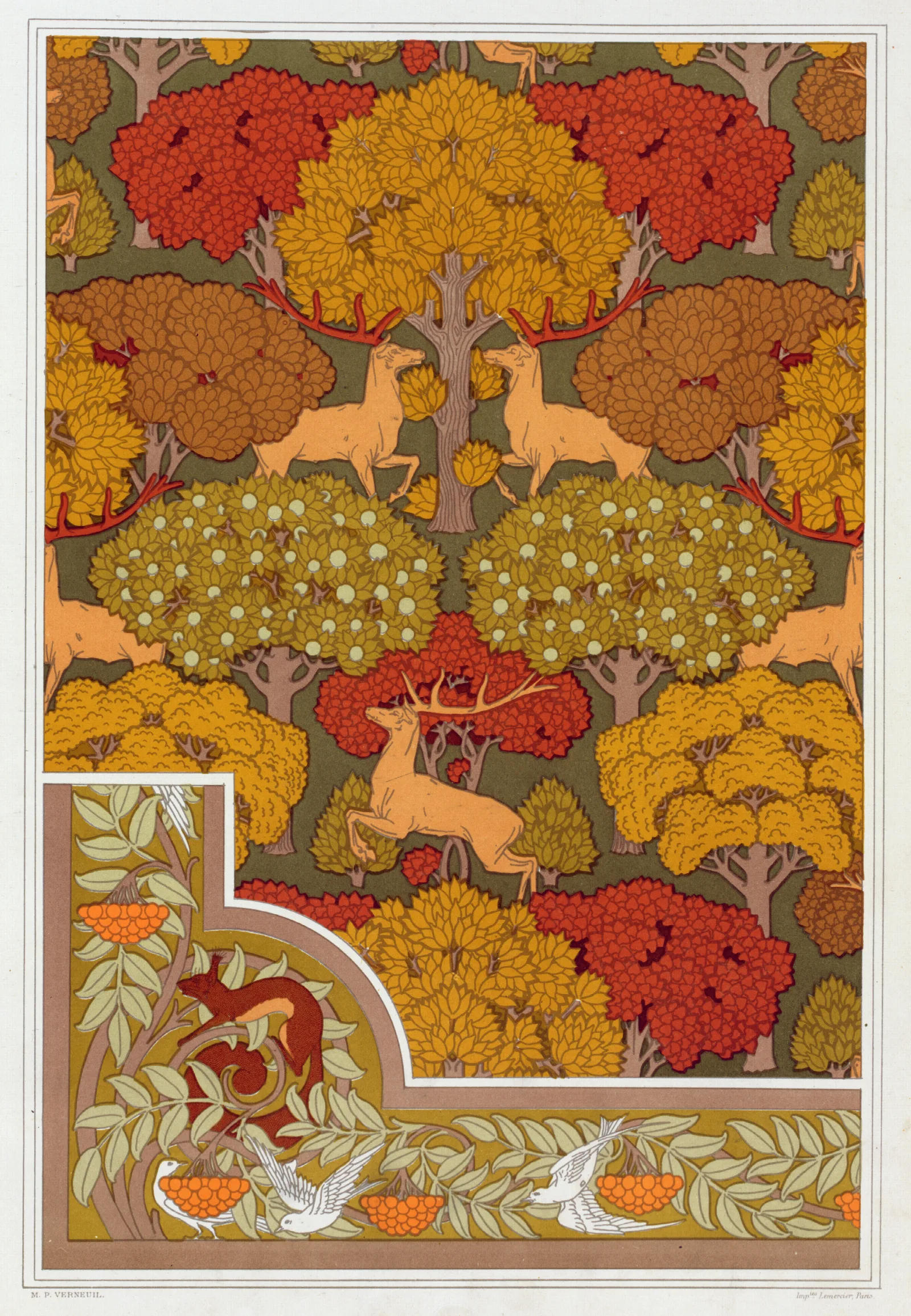 Cerfs Et Arbres Papier Peint Ecureuil Oiseaux Et Sorbier Bordure Wall Art by Maurice Pillard Verneuil - Canvas Print
