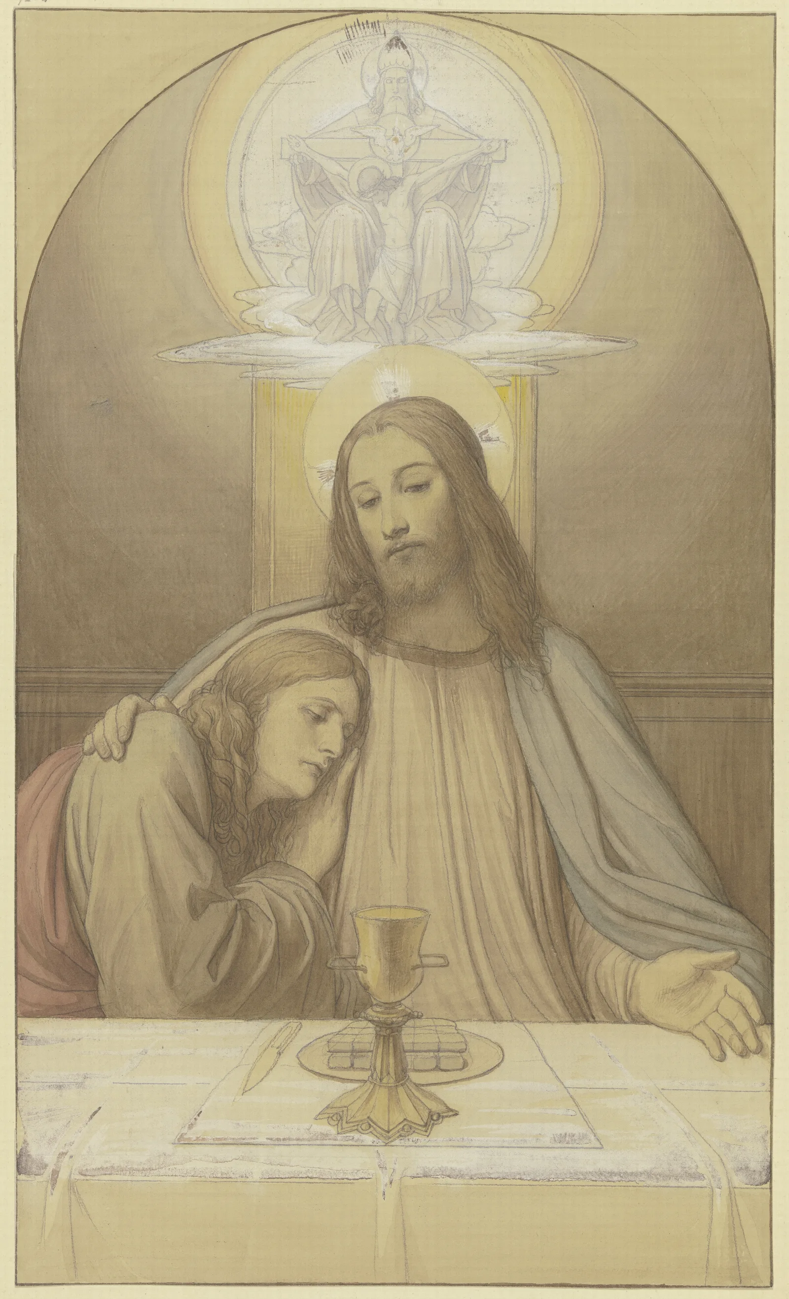 Christ With His Favorite Disciple John Half Length Figures At The Table Of The Last Supper Above Them The Trinity Wall Art by Eduard von Steinle - Canvas Print