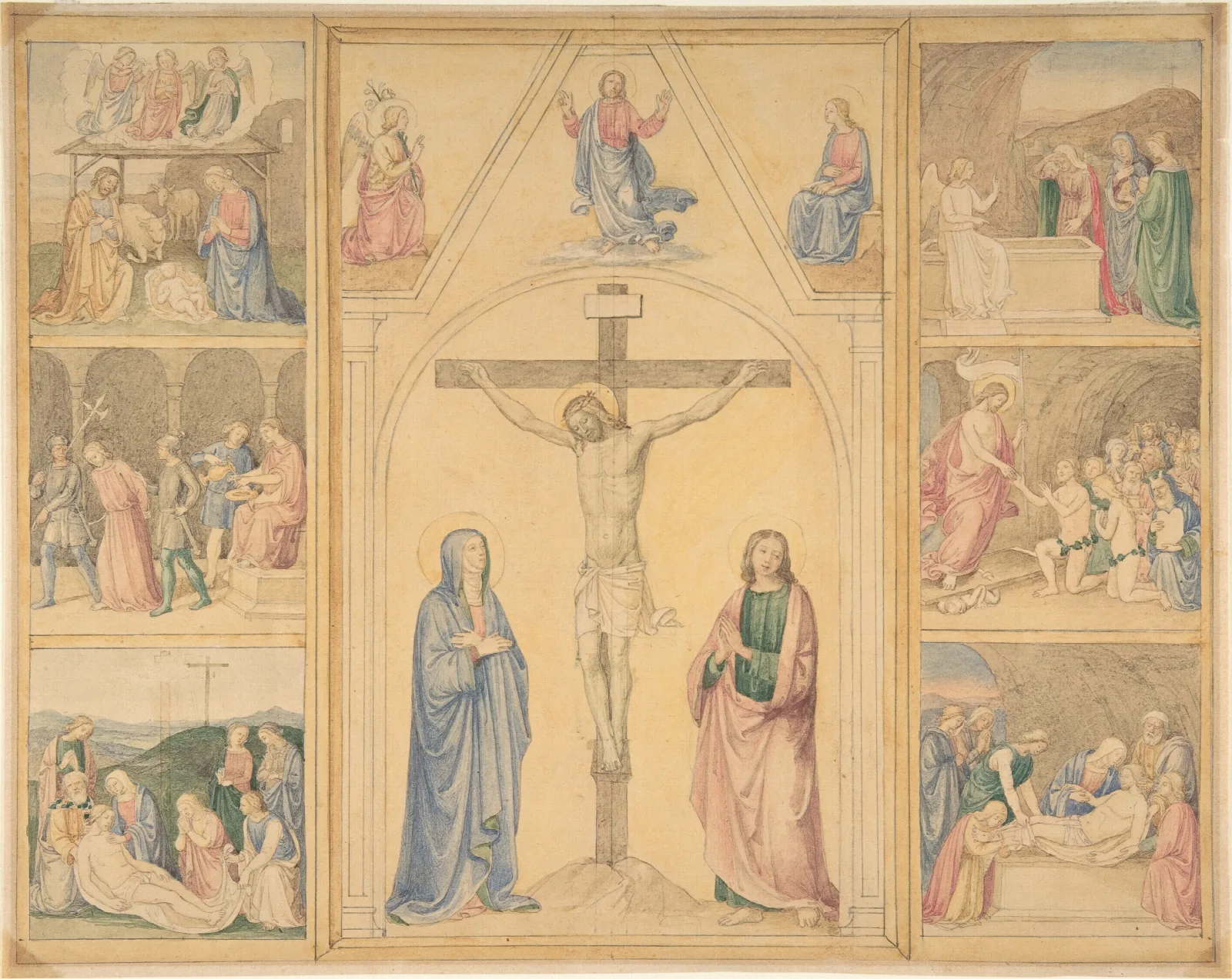 Christ On The Cross With Six Scenes From The Life Of Christ Wall Art by Eduard von Steinle - Canvas Print