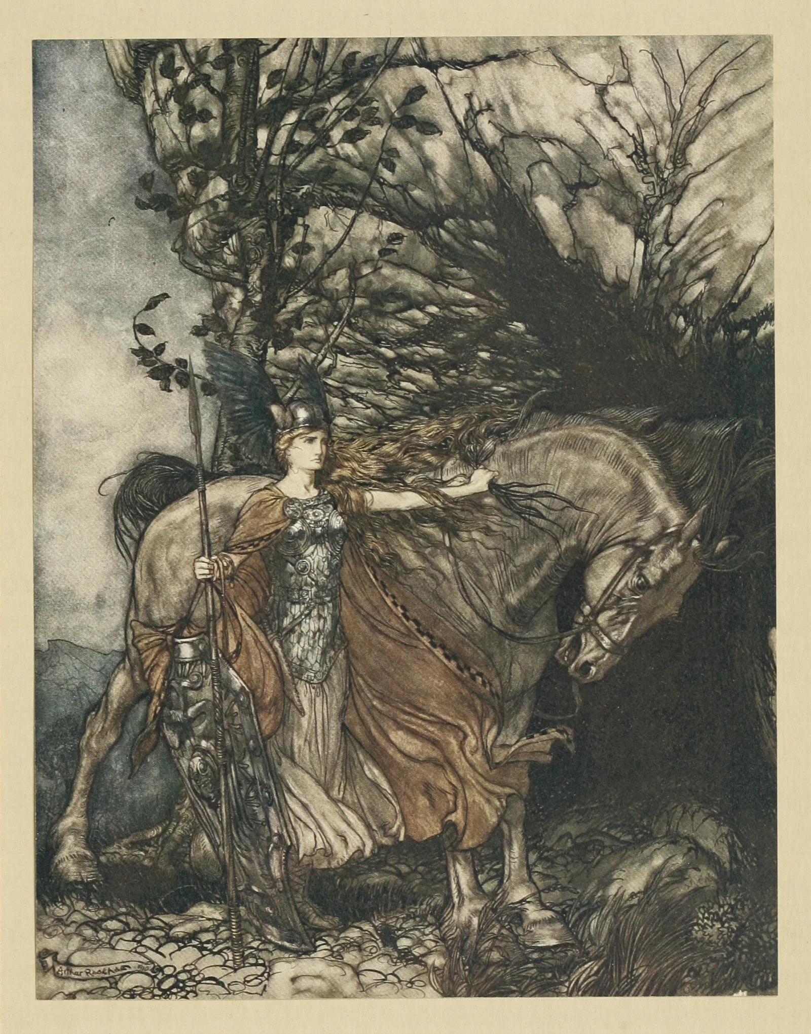 Brunnhilde With Her Horse At The Mouth Of The Cave Wall Art by Arthur Rackham - Canvas Print