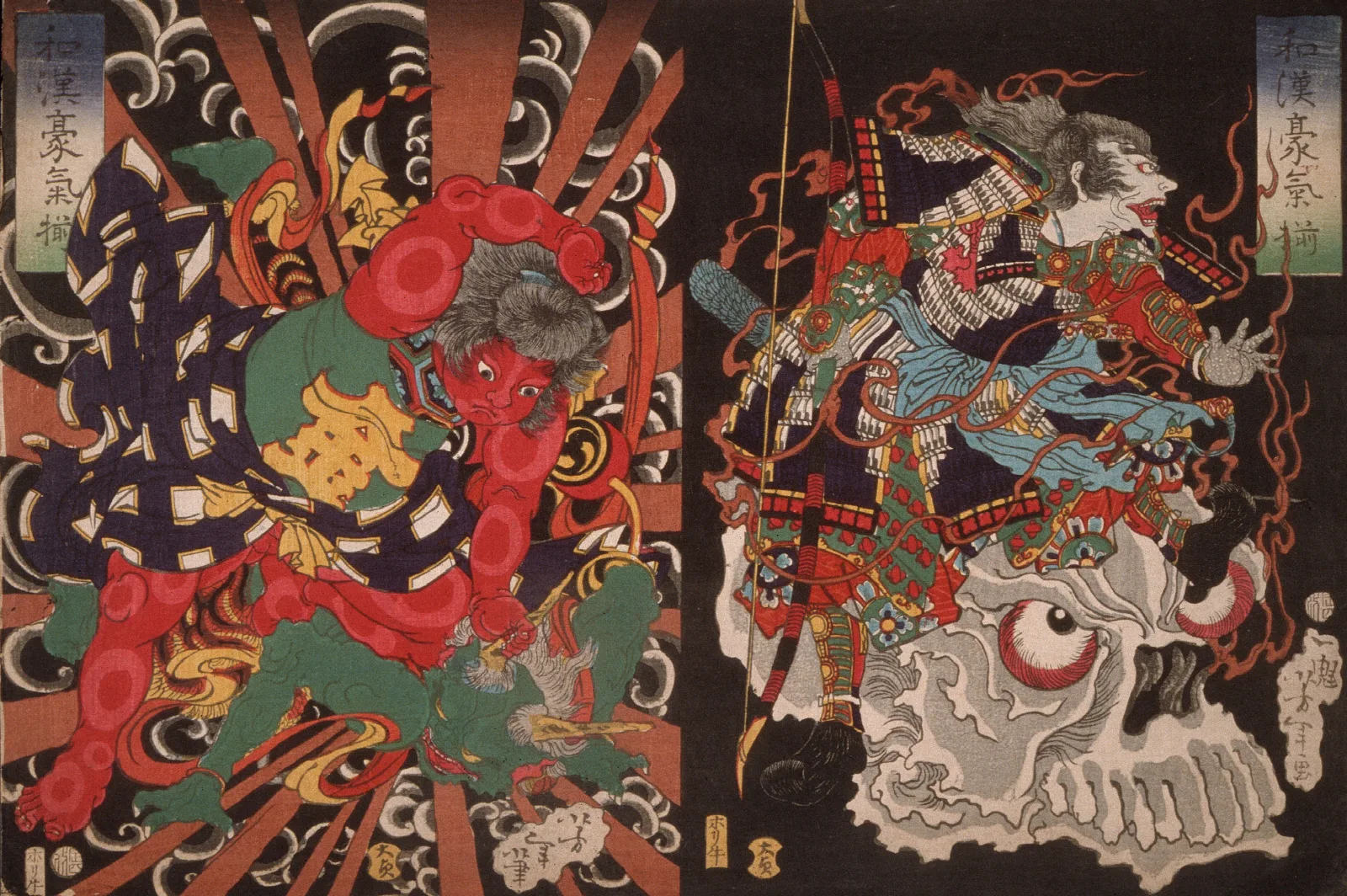 Warrior On Skull Kintoki Overpowering A Demon Wall Art by Tsukioka Yoshitoshi - Canvas Print