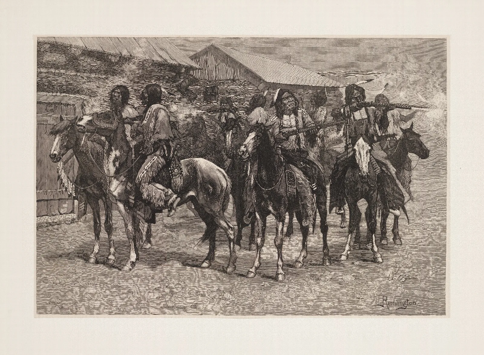 Crow Indians Firing Into The Agency Wall Art by Frederic Remington - Canvas Print