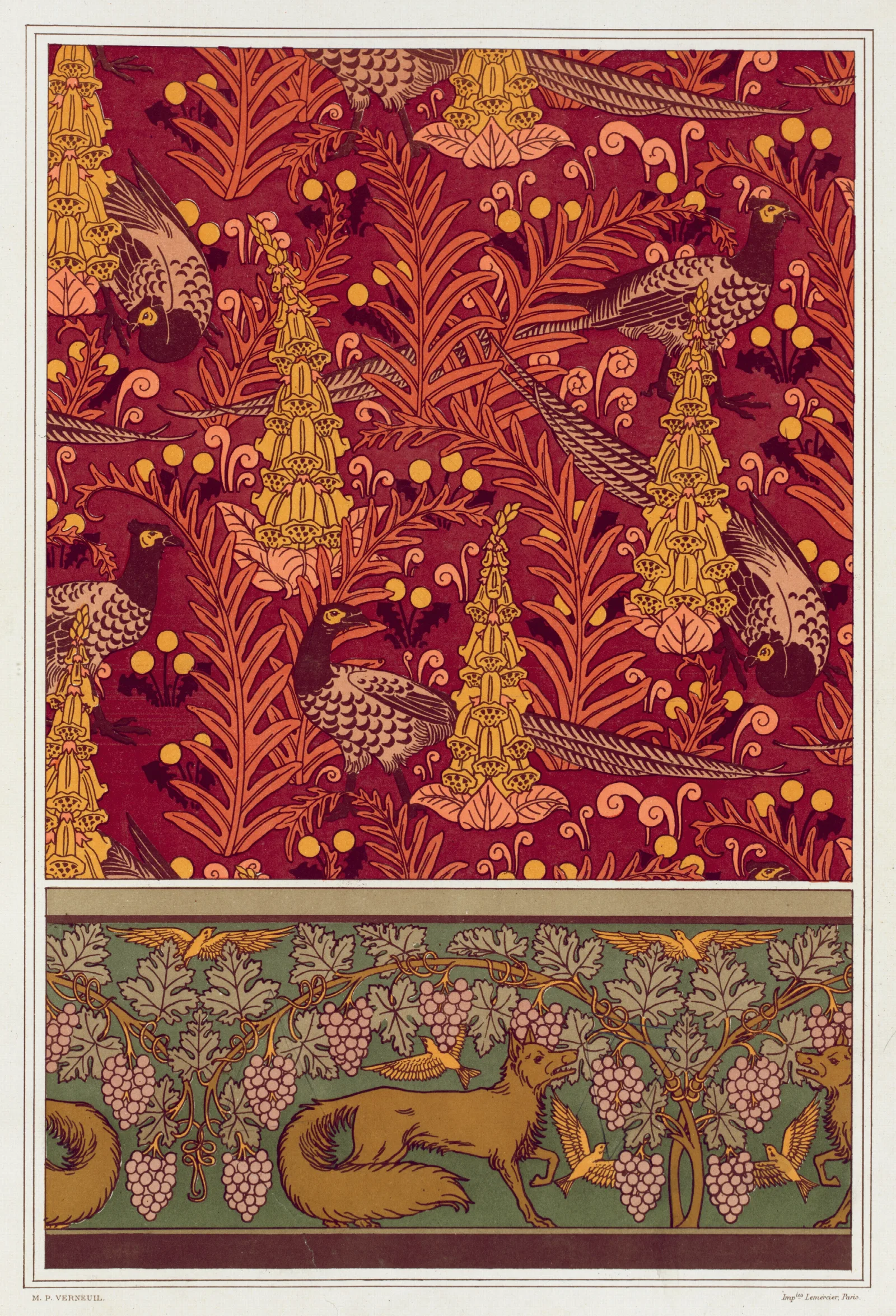 Faisans Ordinaires Digitales Fougeres Et Pissenlit Etoffe Imprimee Renard Oiseaux Et Vigne Bordure Wall Art by Maurice Pillard Verneuil - Canvas Print