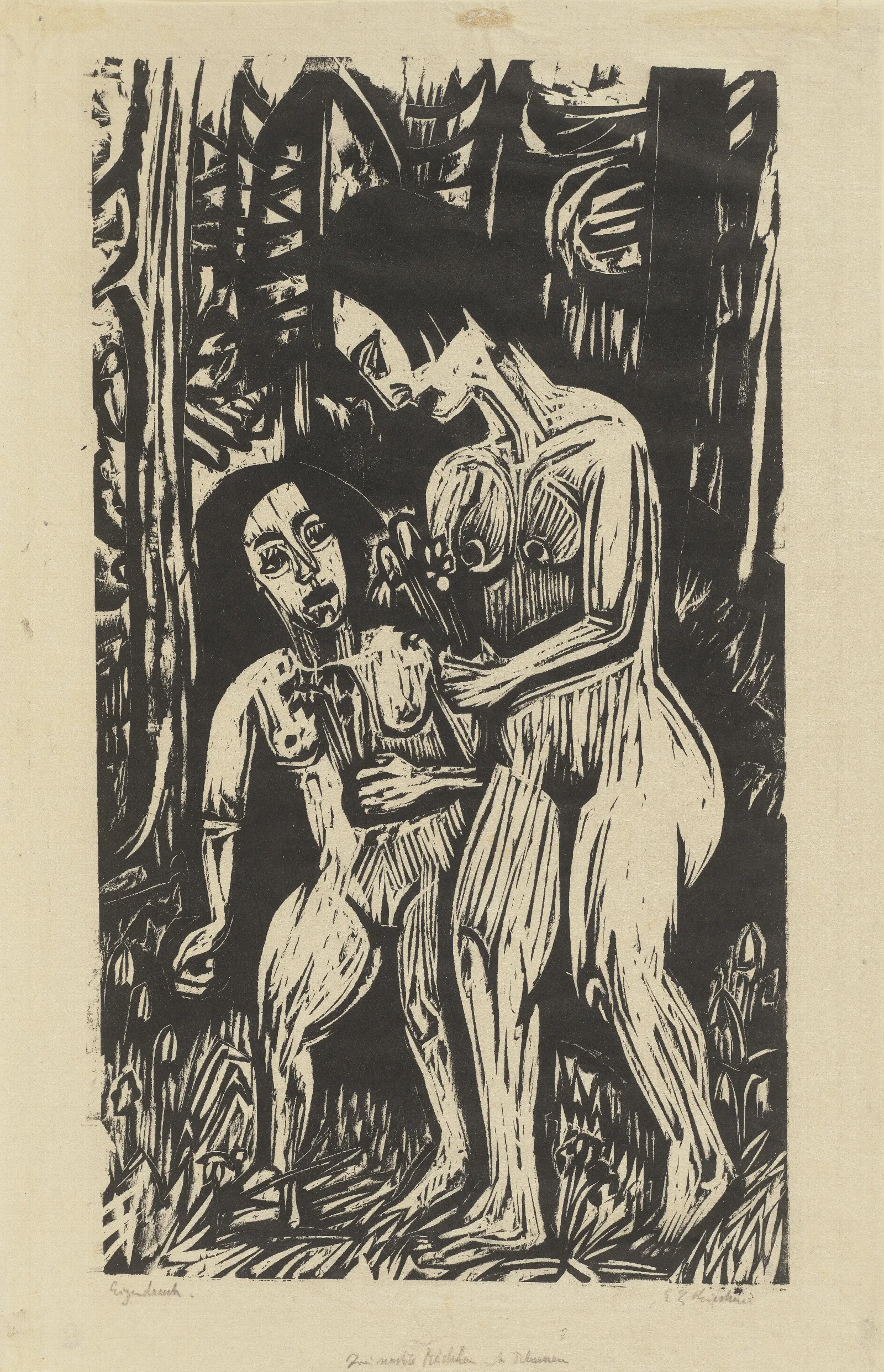 Zwei Nackte Madchen Mit Blumen Wall Art by Ernst Ludwig Kirchner - Canvas Print