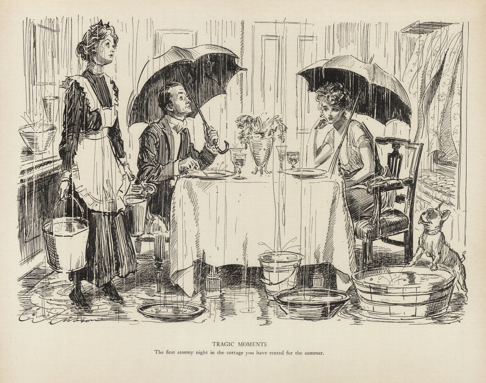 Tragic Moments The First Stormy Night In The Cottage You Have Rented For The Summer Wall Art by Charles Dana Gibson - Canvas Print