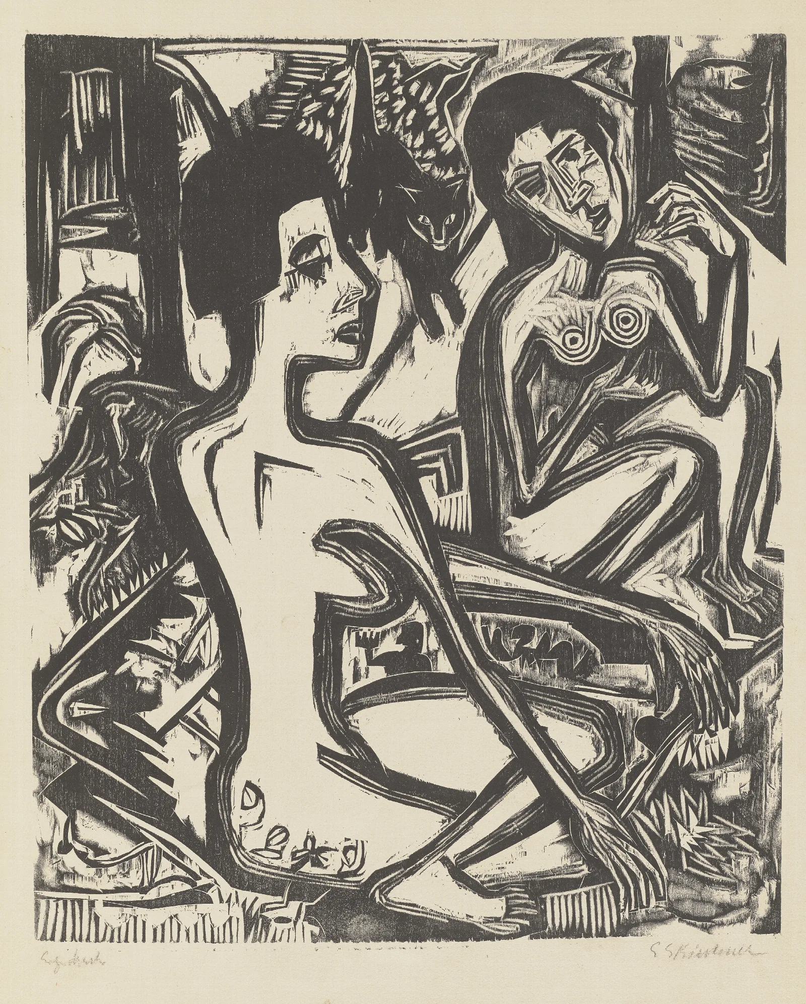 Zwei Nackte Frauen Im Wald Mit Katze Wall Art by Ernst Ludwig Kirchner - Canvas Print