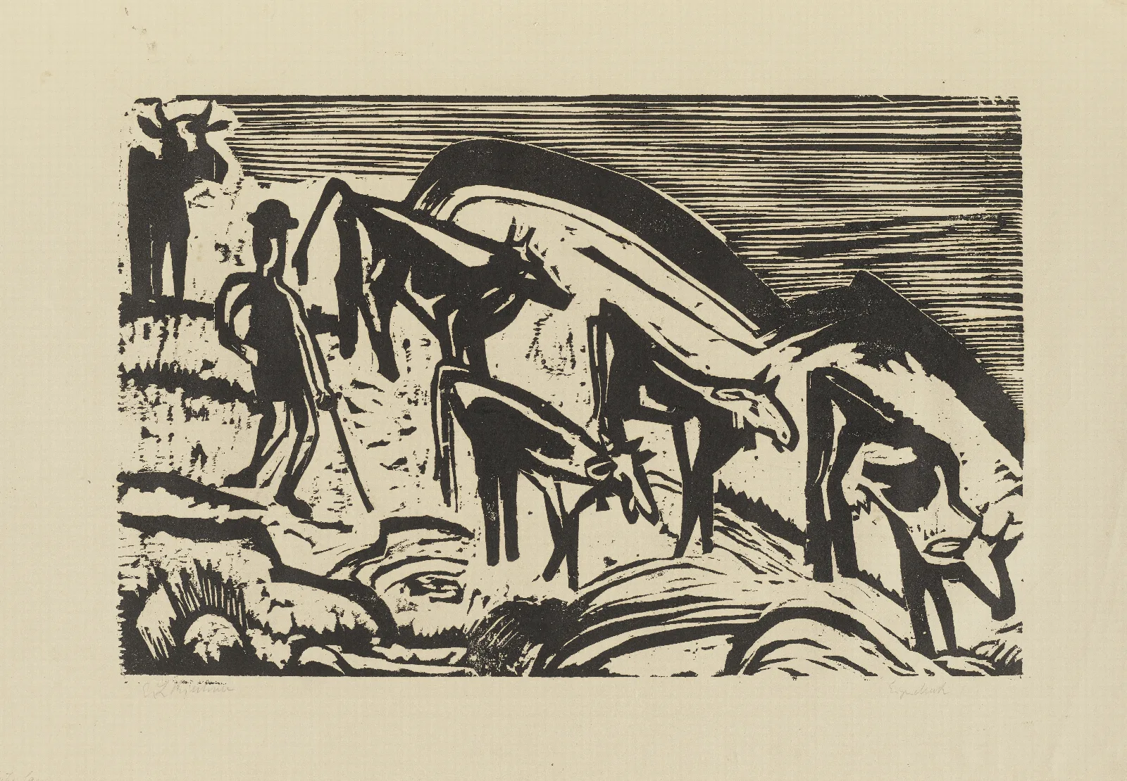Hirt Mit Funf Absteigenden Kuhen Wall Art by Ernst Ludwig Kirchner - Canvas Print