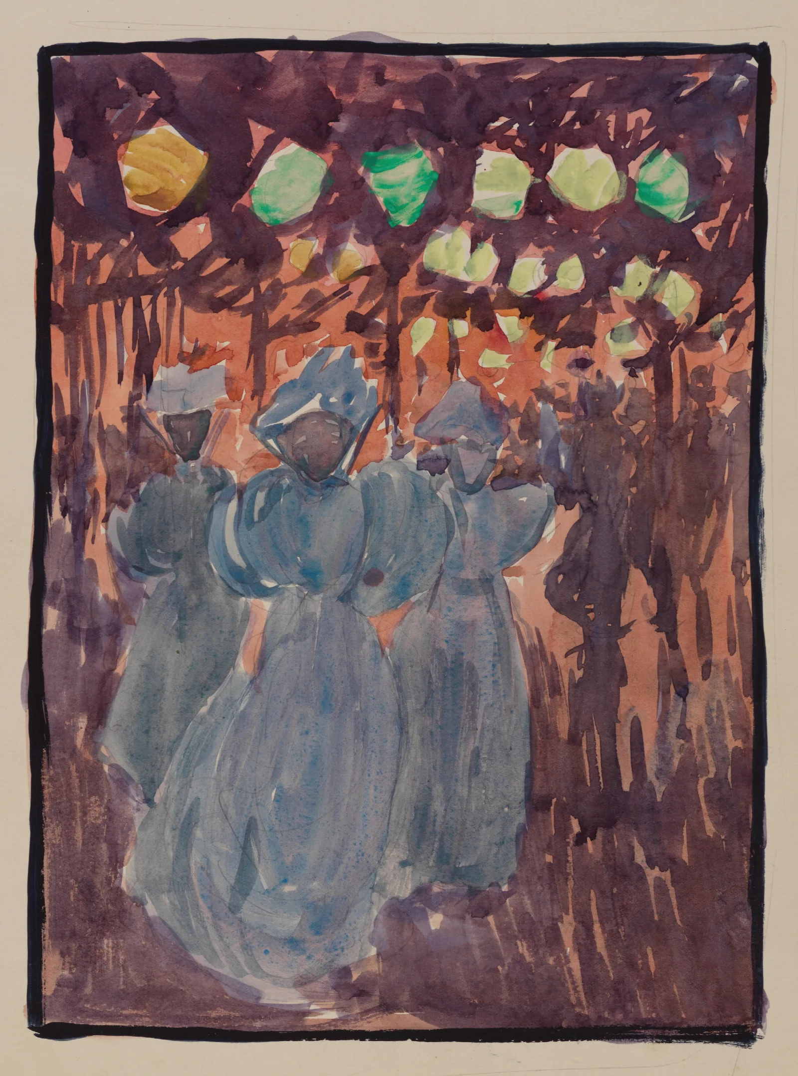Night Scene With Three Women In Blue 2 Wall Art by Maurice Prendergast - Canvas Print