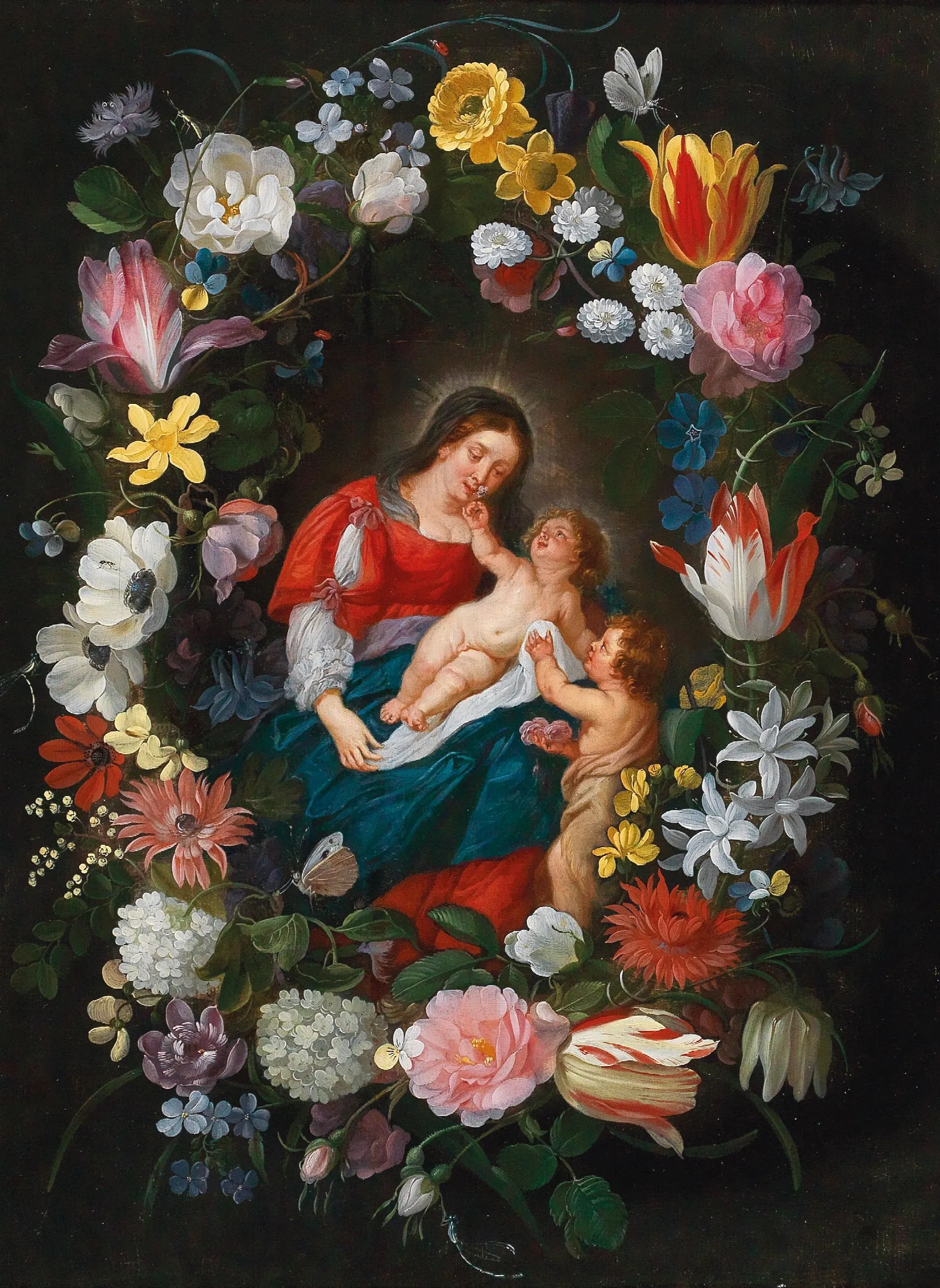 The Virgin And Child With The Infant Saint John The Baptist Surrounded By A Garland Of Flowers Wall Art by Jan Brueghel the Younger - Canvas Print