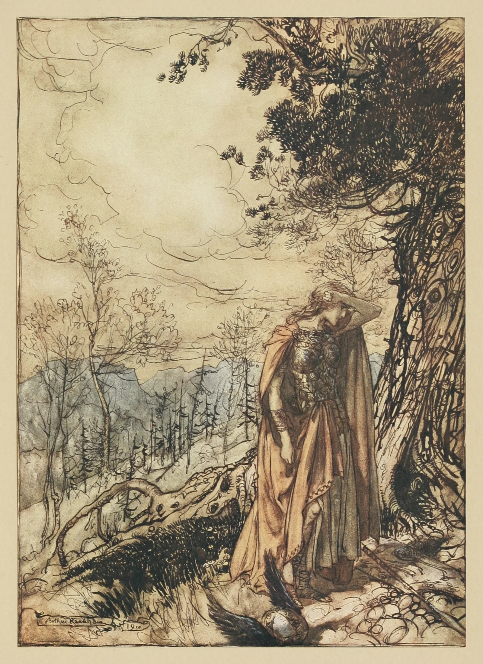 Brunnhilde Stands For A Long Time Dazed And Alarmed Wall Art by Arthur Rackham - Canvas Print