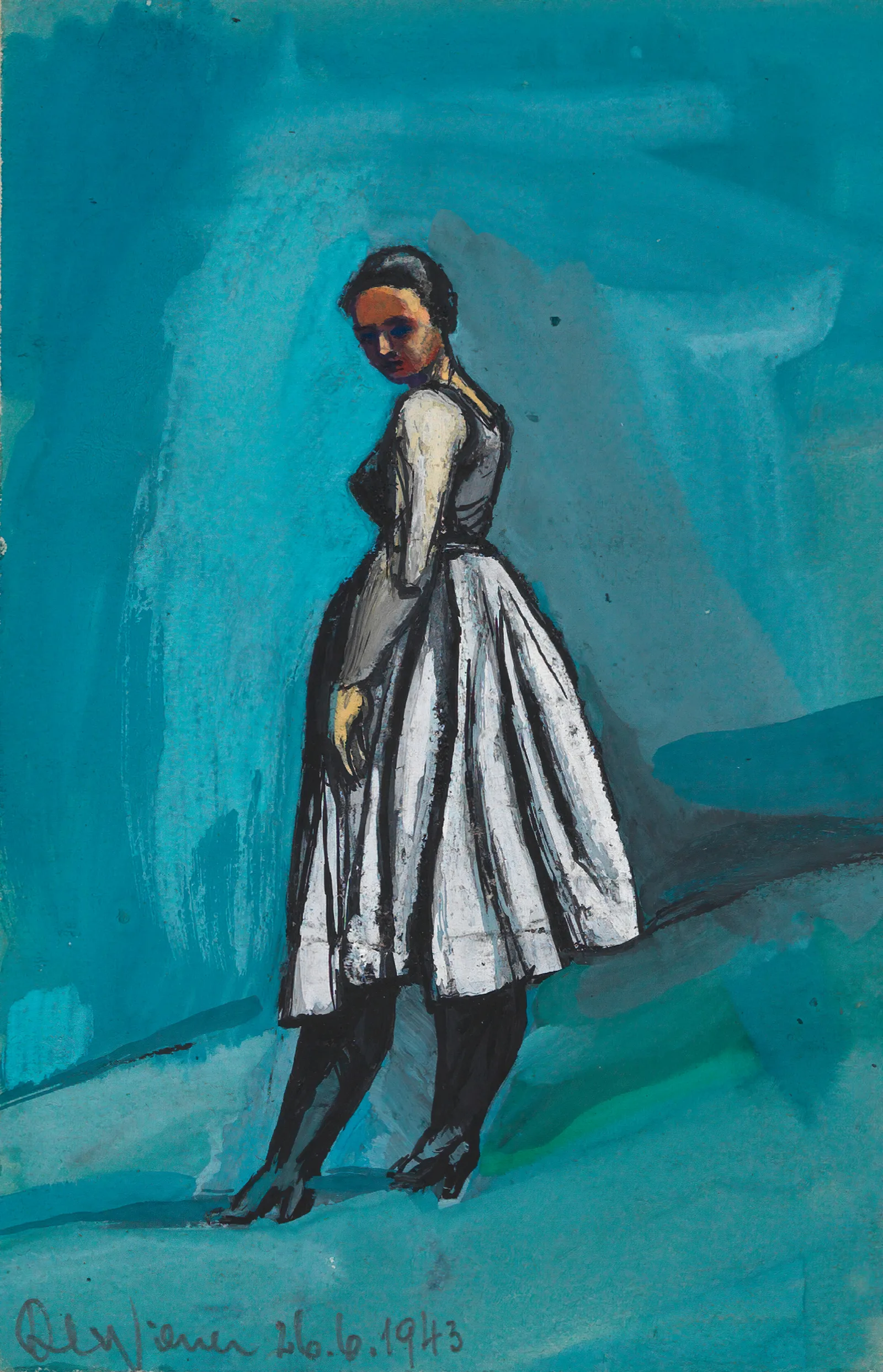 Ohne Titel Frau In Weisschwarzem Kleid Wall Art by Karl Wiener - Canvas Print