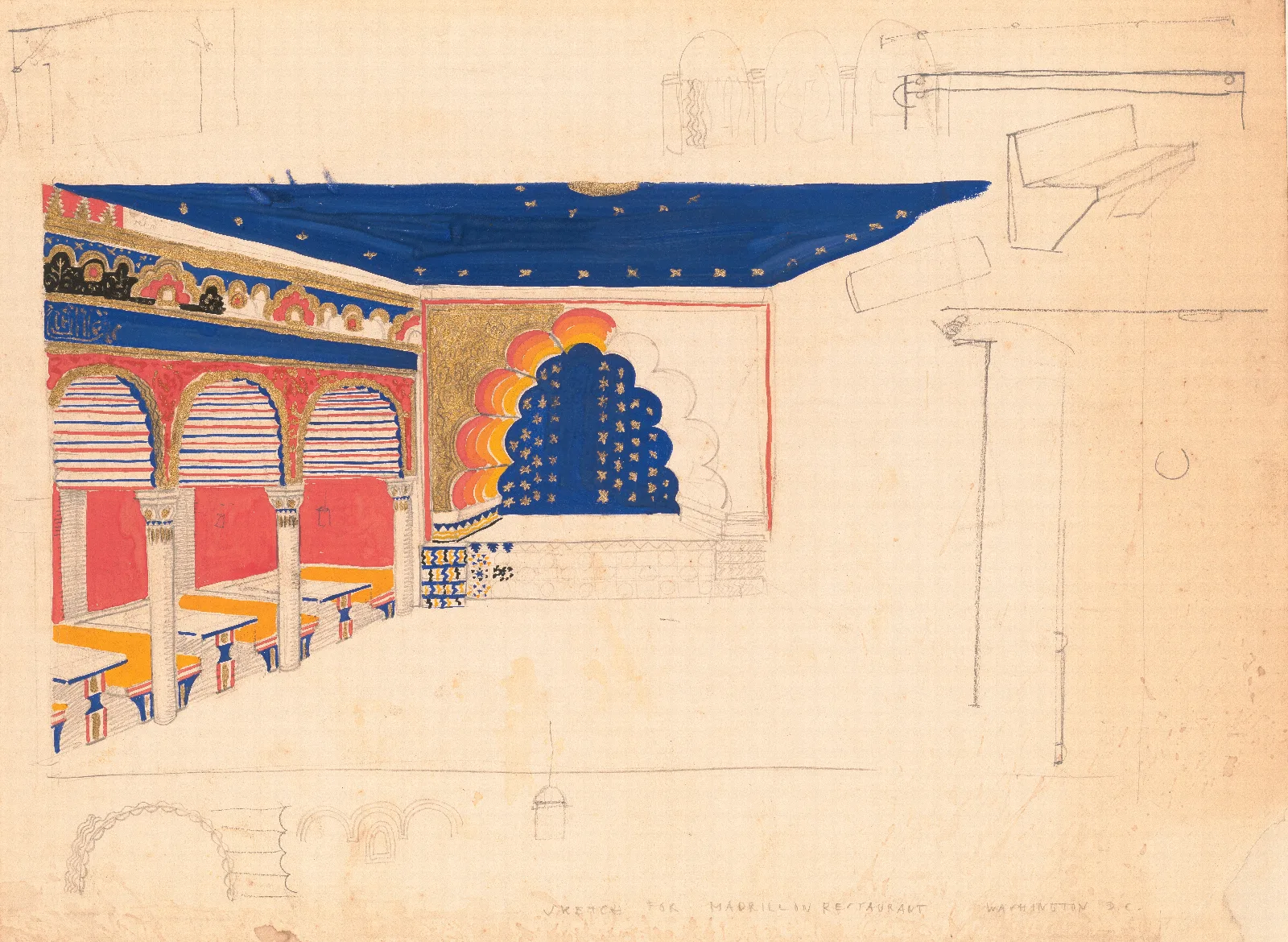 Design Drawing For A Restaurant Madrillon Restaurant Washington D C Interior Perspective Of Arcade And Stage Wall Art by Winold Reiss - Canvas Print