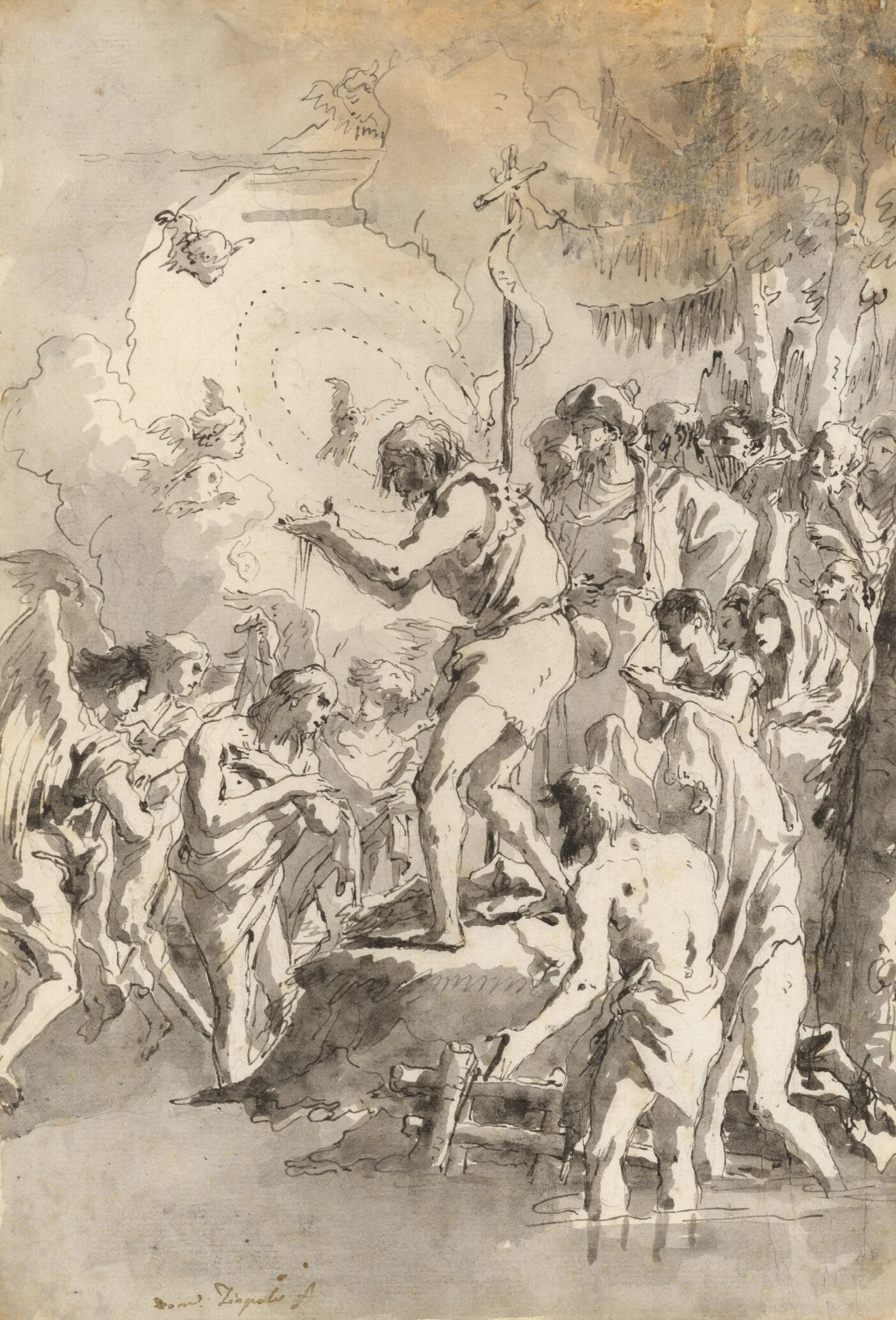 The Baptism Of Christ With Three Angels Attending Him Wall Art by Giovanni Domenico Tiepolo - Canvas Print