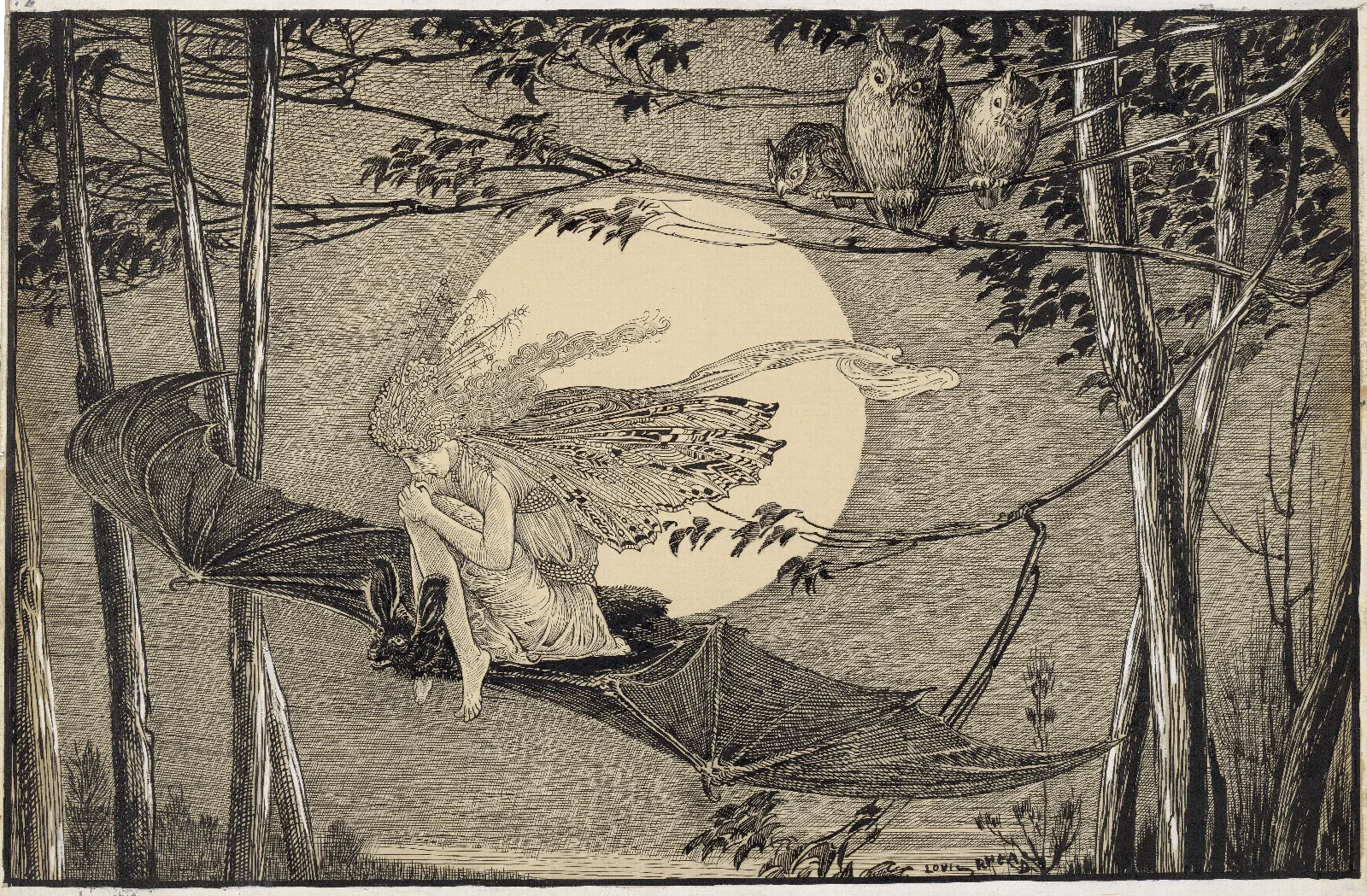 Ariel On A Bats Back I Do Fly There I Couch When Owls Do Cry Wall Art by Louis Rhead - Canvas Print