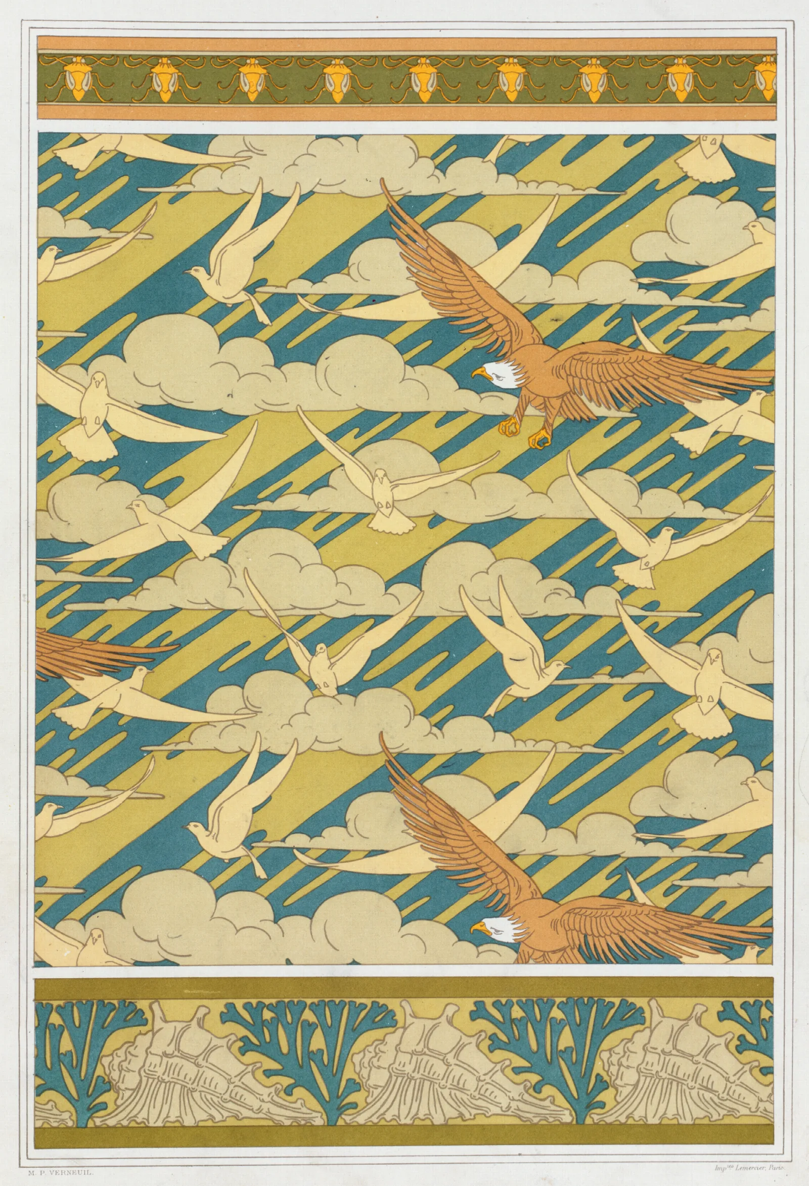 Carpocoris Bordure Aigles Et Pigeons Papier Peint Coquillages Et Algues Bordure Wall Art by Maurice Pillard Verneuil - Canvas Print