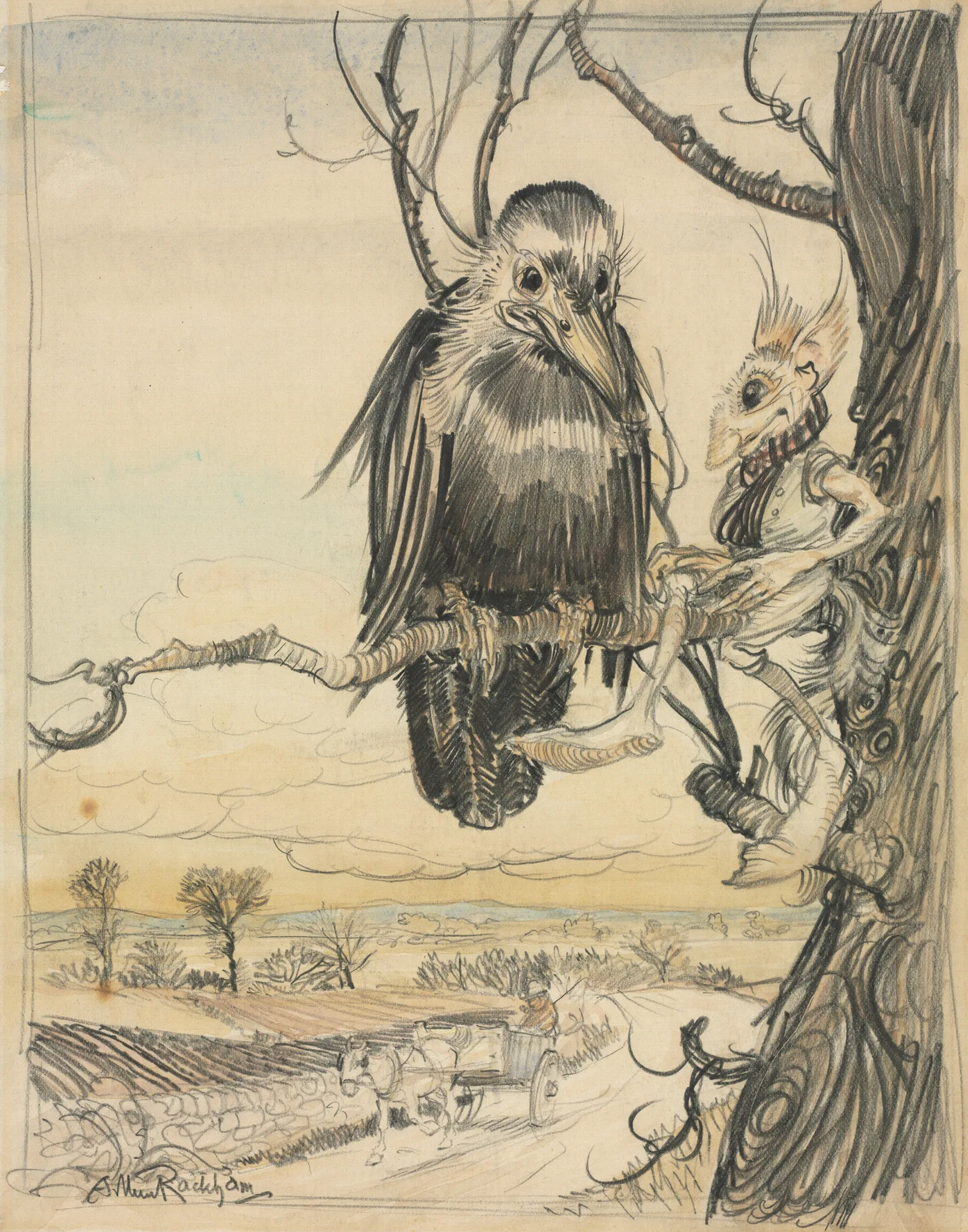 A Squirrel And A Crow Wall Art by Arthur Rackham - Canvas Print