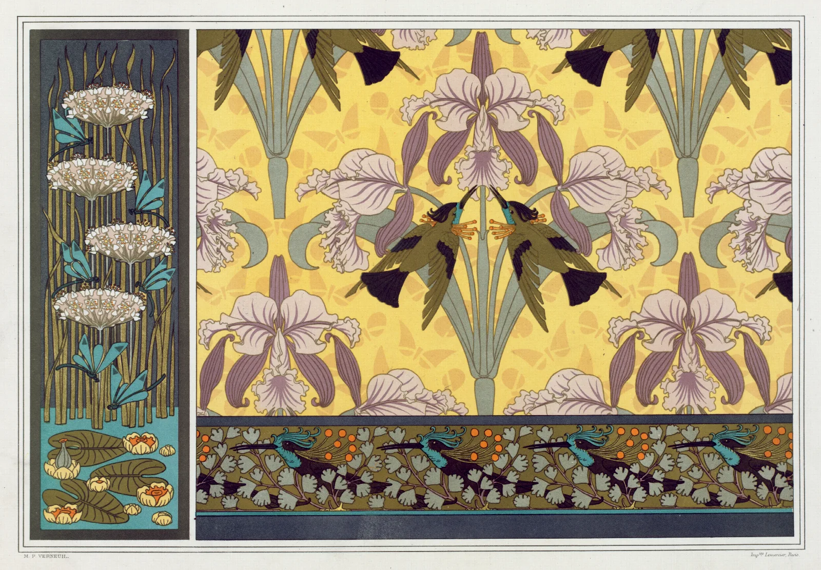 Libellules Butome En Ombelle Nenuphars Panneau Oiseaux Mouches Et Orchidees Etoffe Oiseaux Mouches Et Capillaires Bordure Wall Art by Maurice Pillard Verneuil - Canvas Print