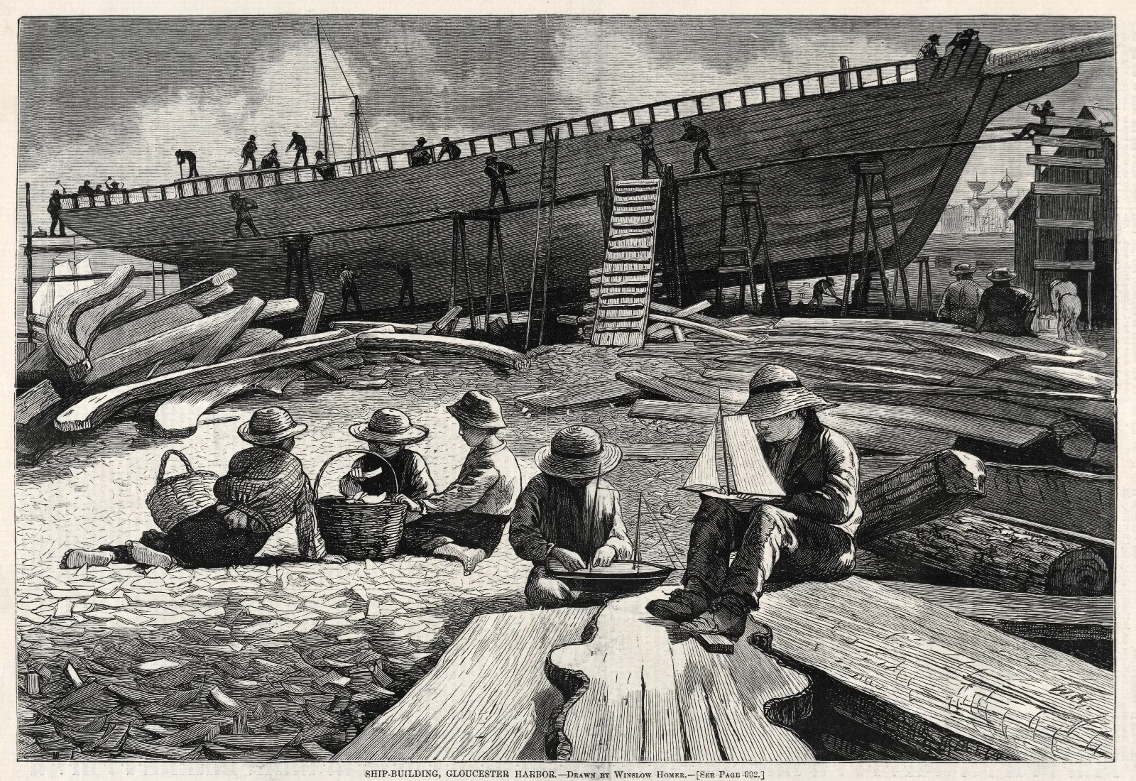 Ship Building Gloucester Harbor Wall Art by Winslow Homer - Canvas Print