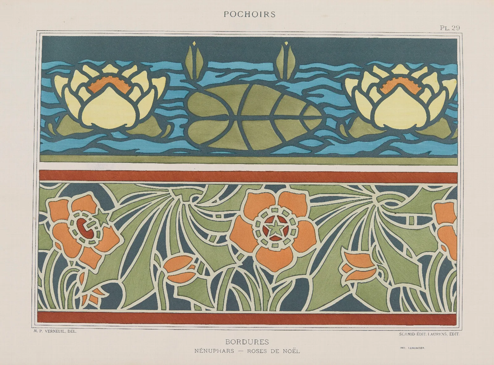 Bordures Nenuphars Roses De Noel Wall Art by Maurice Pillard Verneuil - Canvas Print