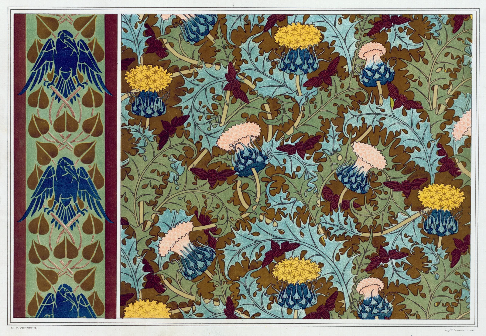 Corbeaux Bordure Au Pochoir Cigales Et Chardons Etoffe Imprimee Wall Art by Maurice Pillard Verneuil - Canvas Print