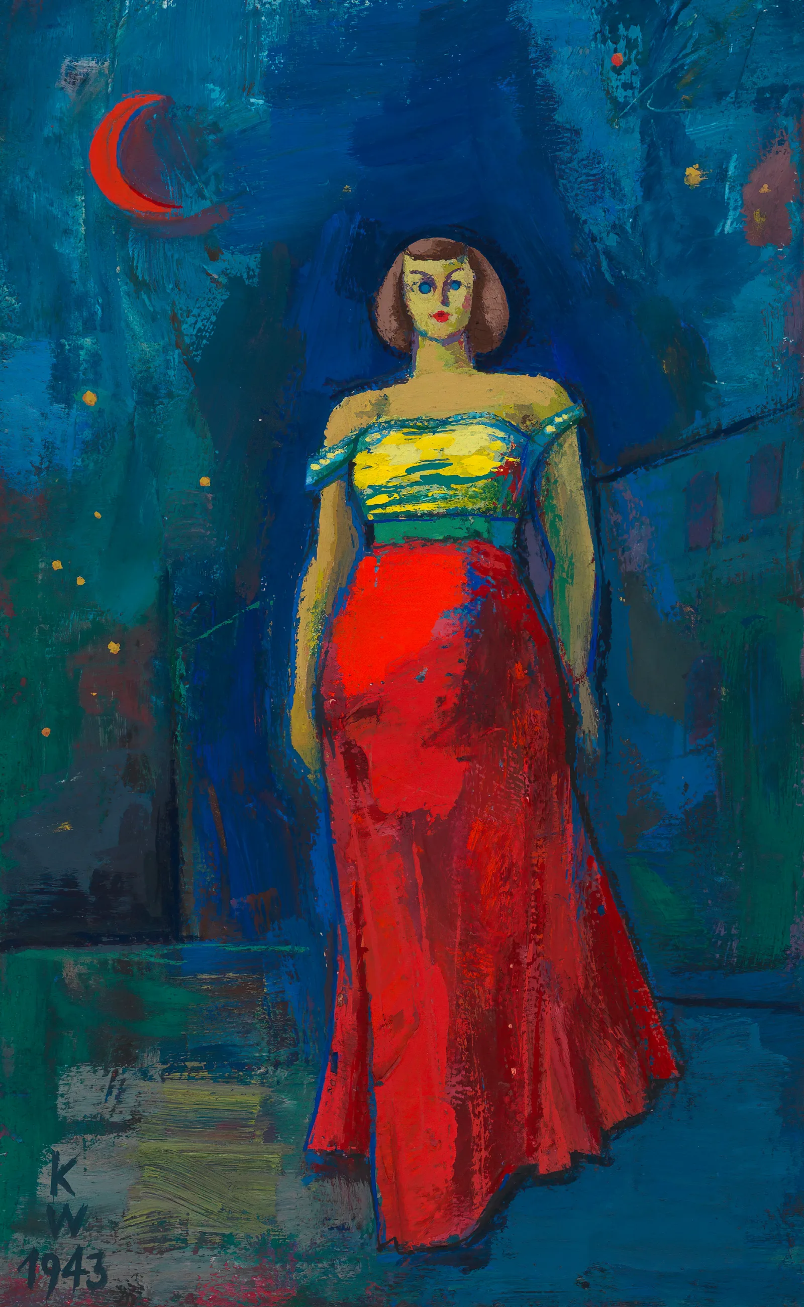 Ohne Titel Frau In Gelb Rotem Kleid Wall Art by Karl Wiener - Canvas Print