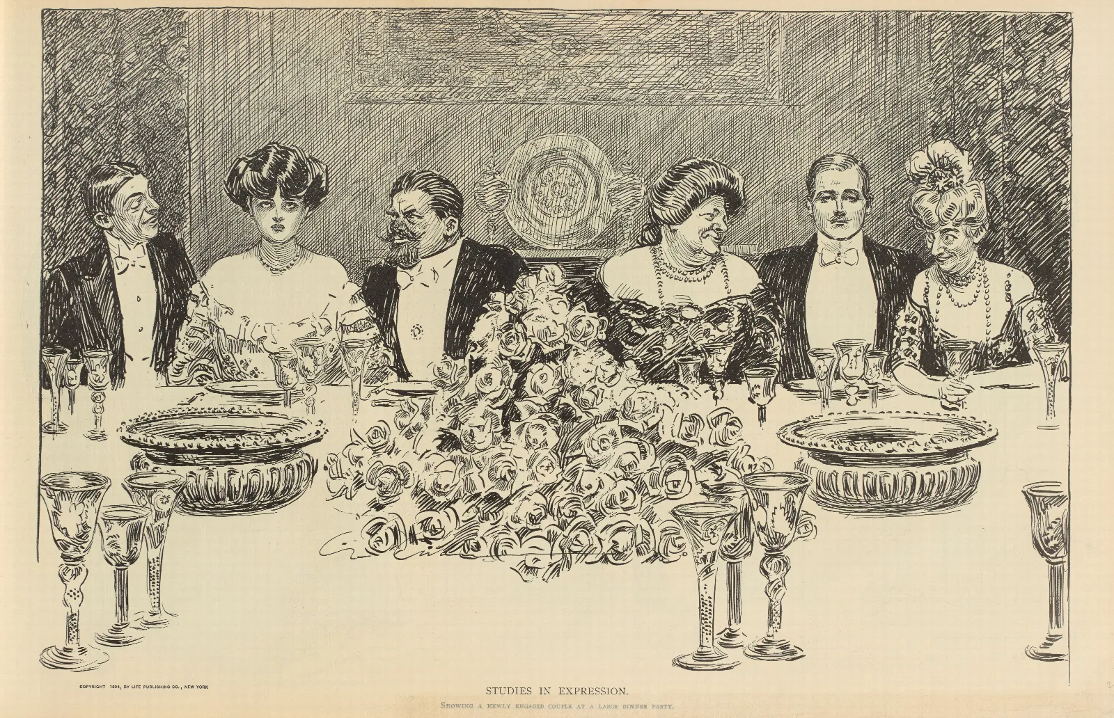 Studies In Expression Showing A Newly Engaged Couple At A Large Dinner Party Wall Art by Charles Dana Gibson - Canvas Print