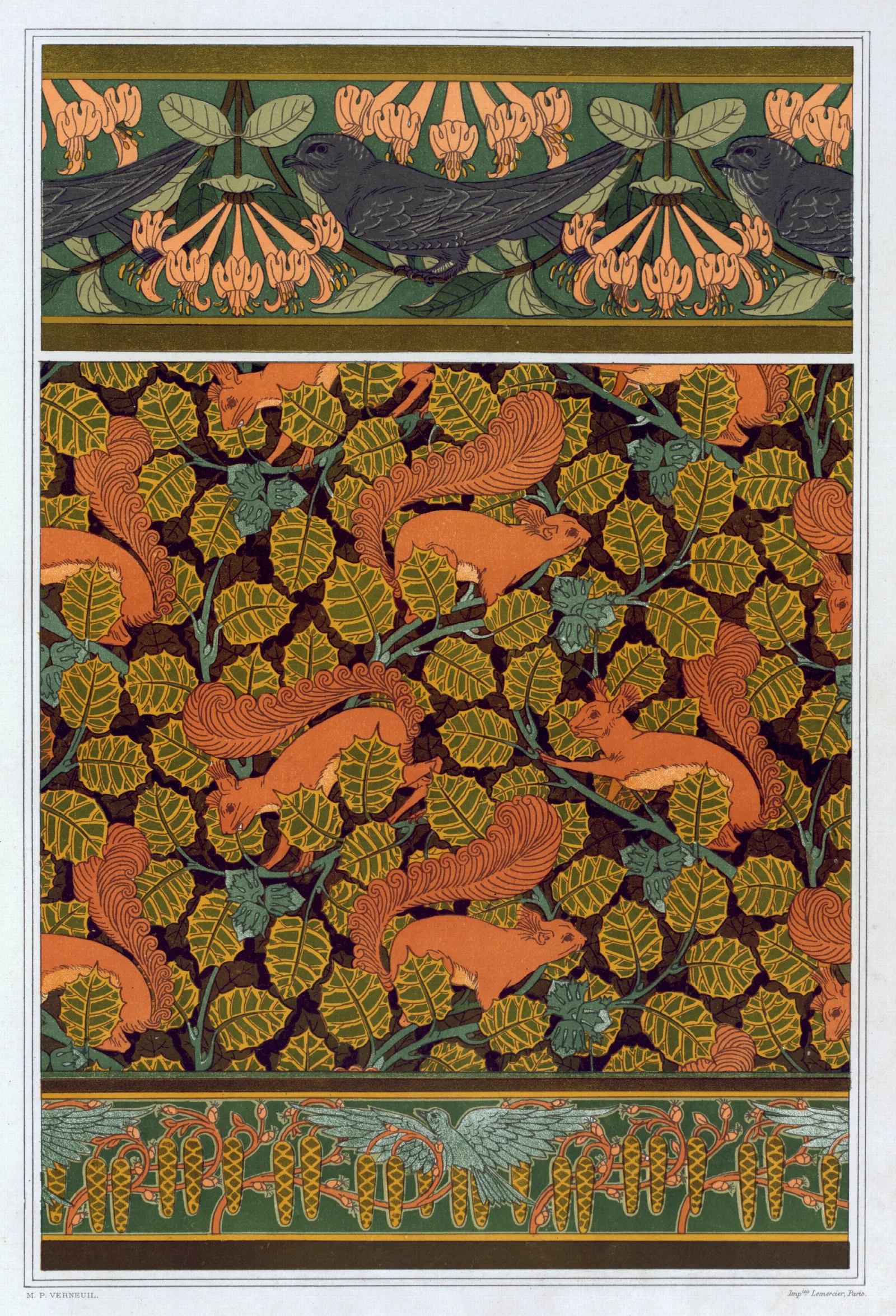 Martinets Et Chevrefeuille Bordure Ecureuils Et Noisetier Papier Peint Oiseaux Et Noisetier En Fleur Bordure Wall Art by Maurice Pillard Verneuil - Canvas Print