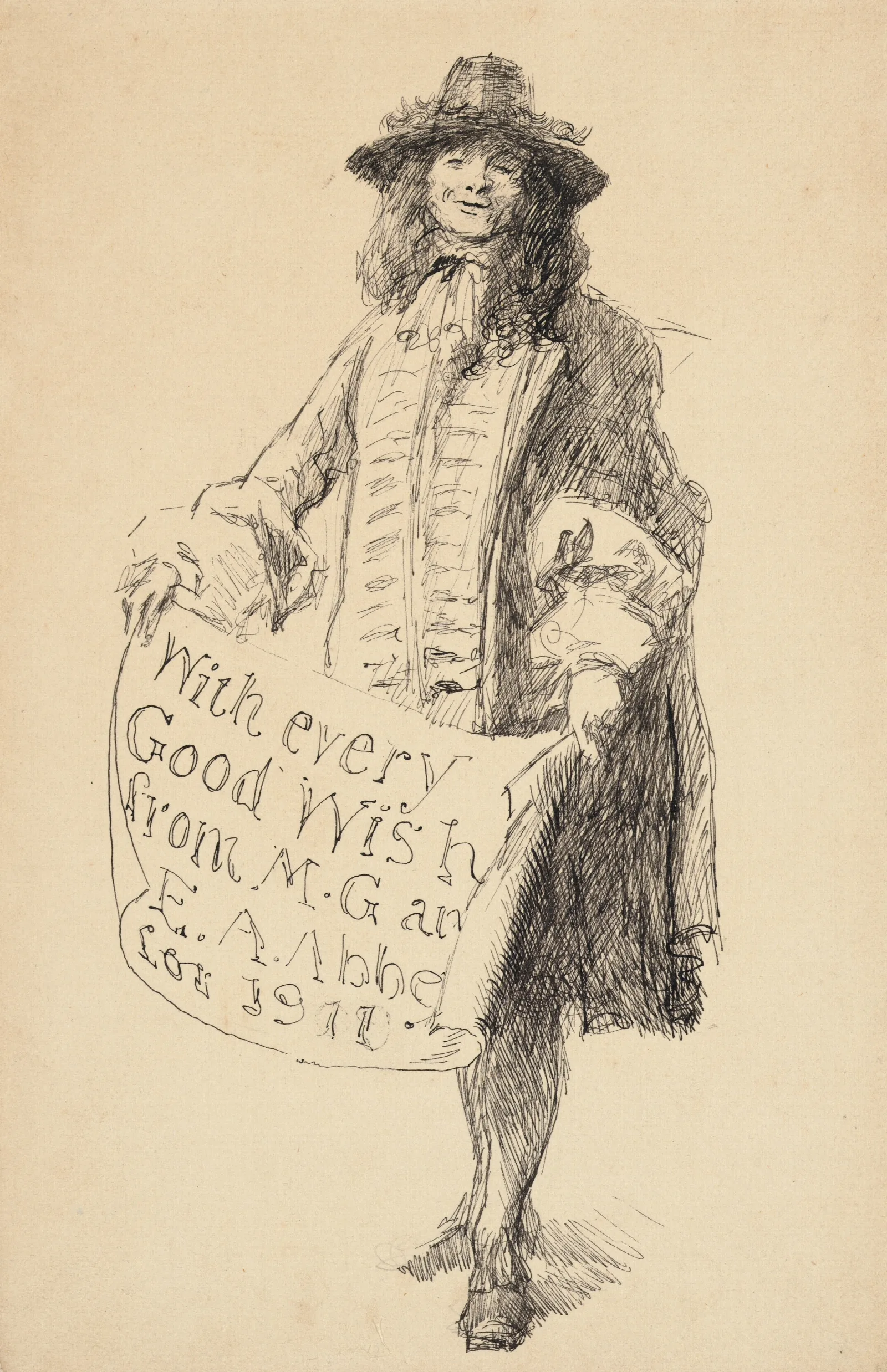 Man In Seventeenth Century Dress Holding A Scroll With Every Good Wish From M G And E A Abbey For 1911 Wall Art by Edwin Austin Abbey - Canvas Print