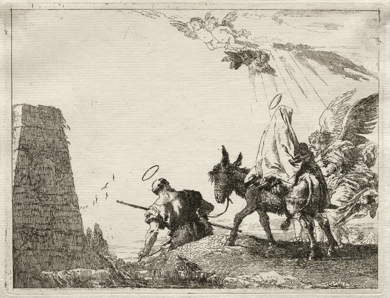 The Holy Family Passing Near A Pyramid Wall Art by Giovanni Domenico Tiepolo - Canvas Print