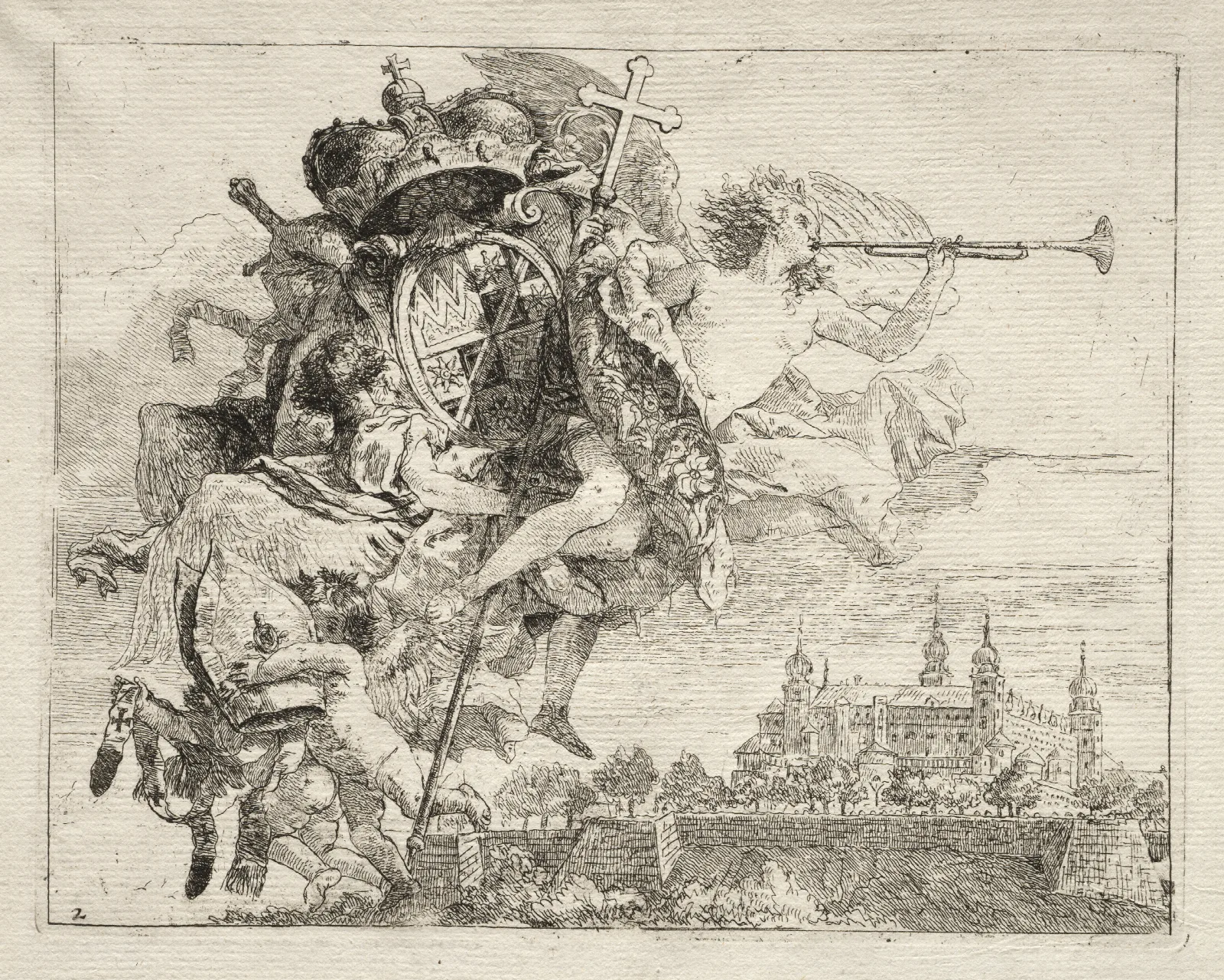 Dedication With Winged Figure Of Fame Bearing The Arms Of The Prince Bishop Of Wurzburg Wall Art by Giovanni Domenico Tiepolo - Canvas Print