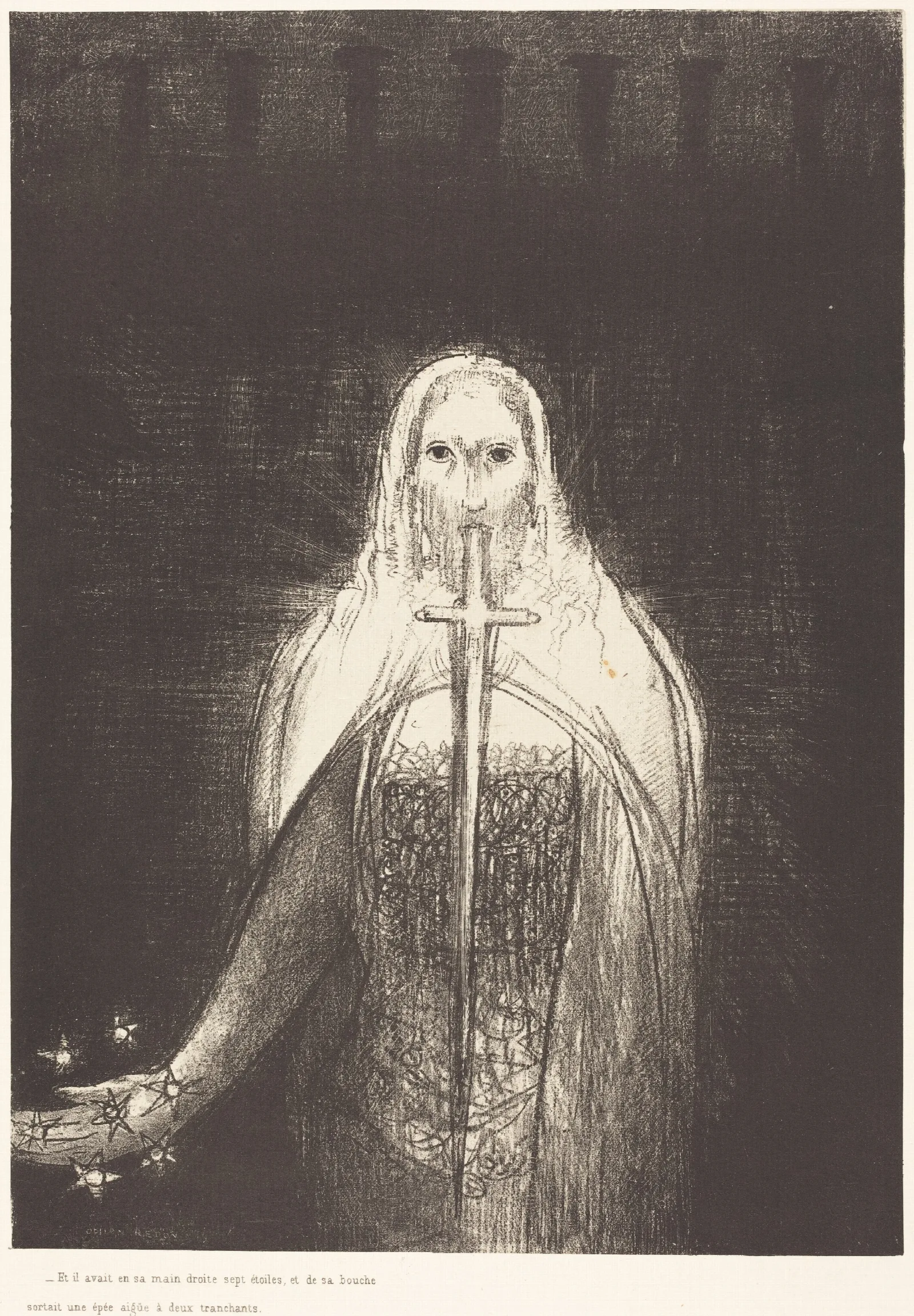 Et Il Avait Dans Sa Main Droit Sept Etoiles Et De Sa Bouch Sortait Une Epee Aigue A Deux Tranchants 2 Wall Art by Odilon Redon - Canvas Print
