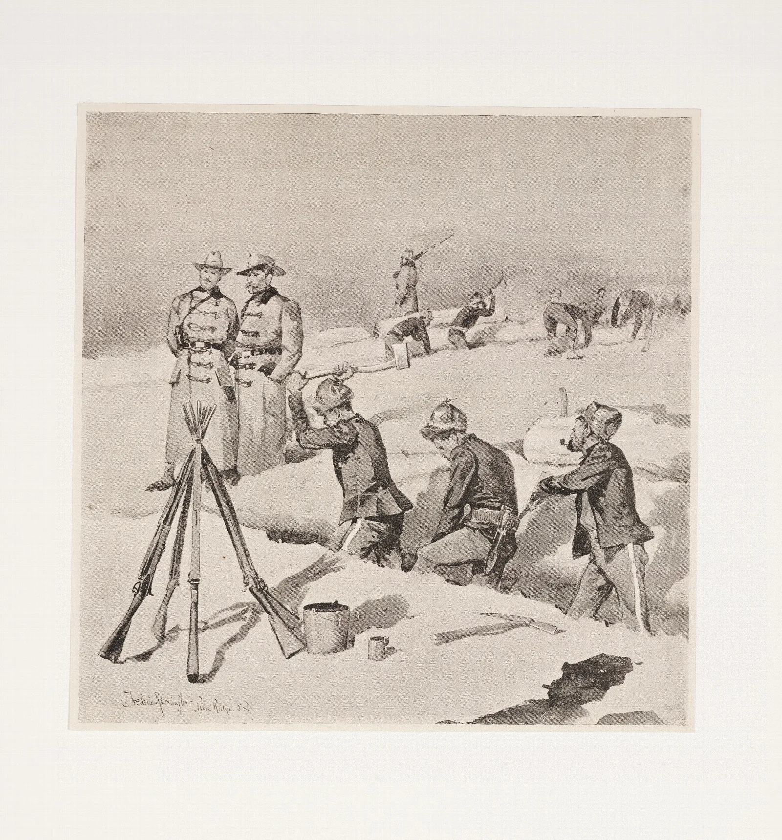 In The Trenches At Pine Ridge Wall Art by Frederic Remington - Canvas Print