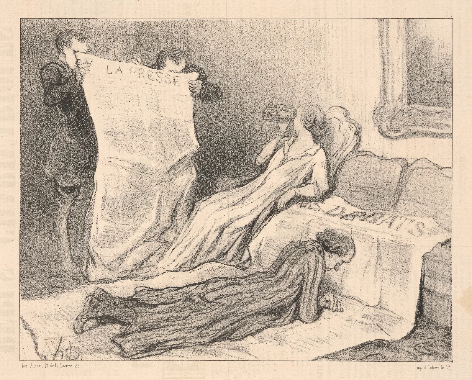 Subscribers Receiving Their Newspapers And Trying To Figure Out How To Use It Wall Art by Honoré Daumier - Canvas Print