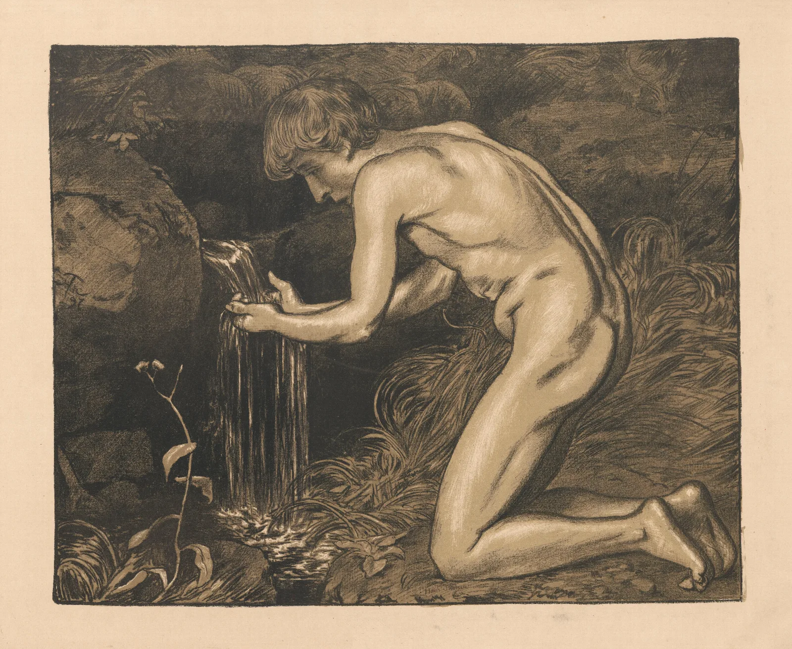 A Young Man Drawing Water From A Spring Nude Wall Art by Hans Thoma - Canvas Print