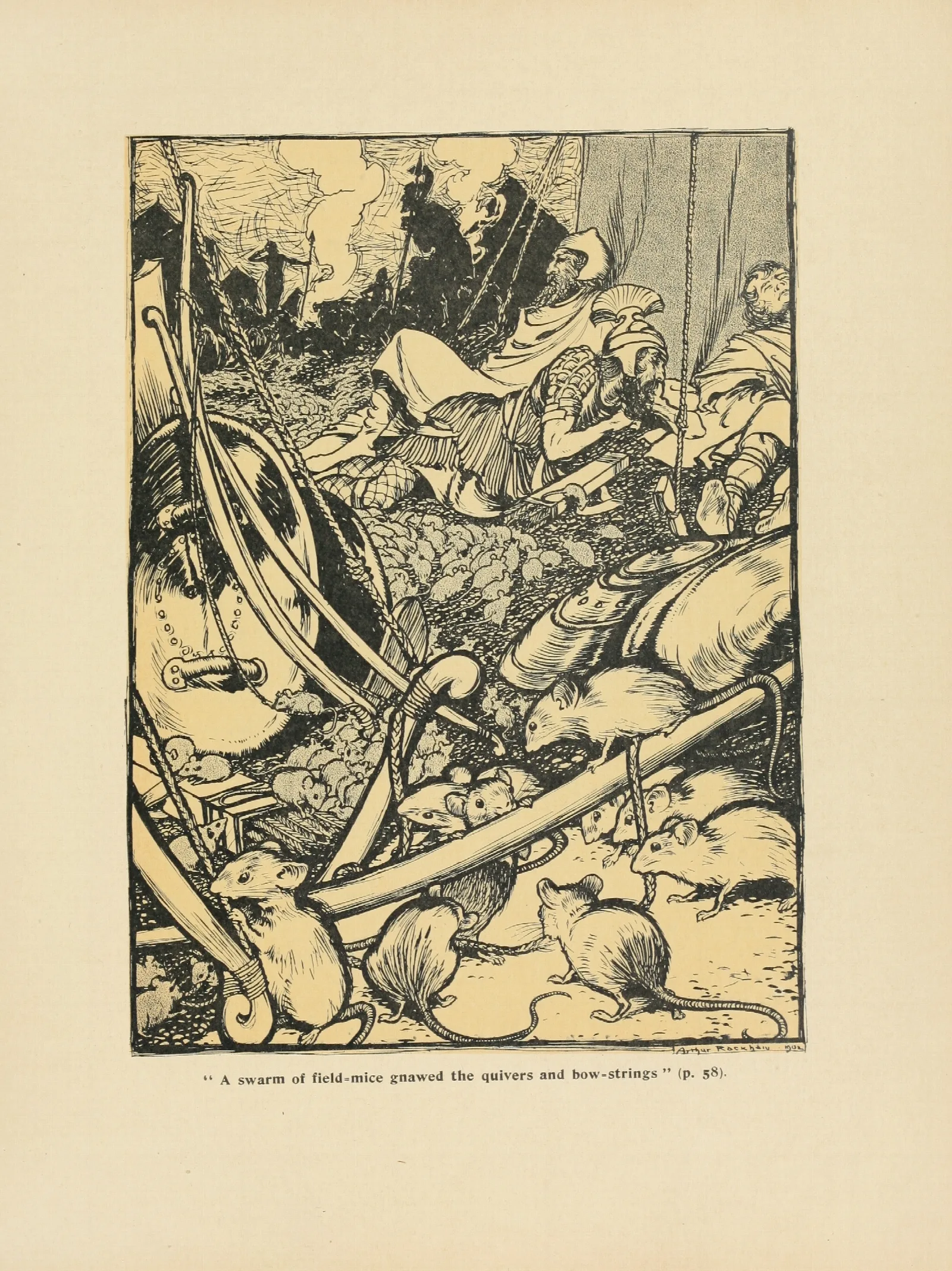 A Swarm Of Field Mice Gnawed The Quivers And Bow Strings Wall Art by Arthur Rackham - Canvas Print