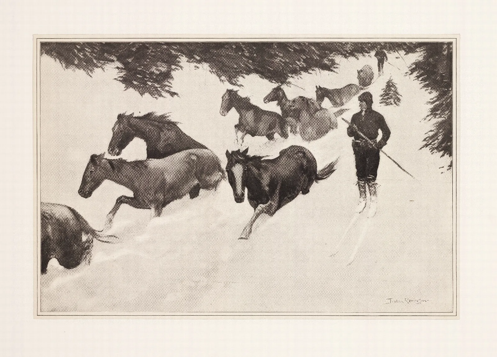Working Snow Bound Ponies Out Of The Mountains Wall Art by Frederic Remington - Canvas Print