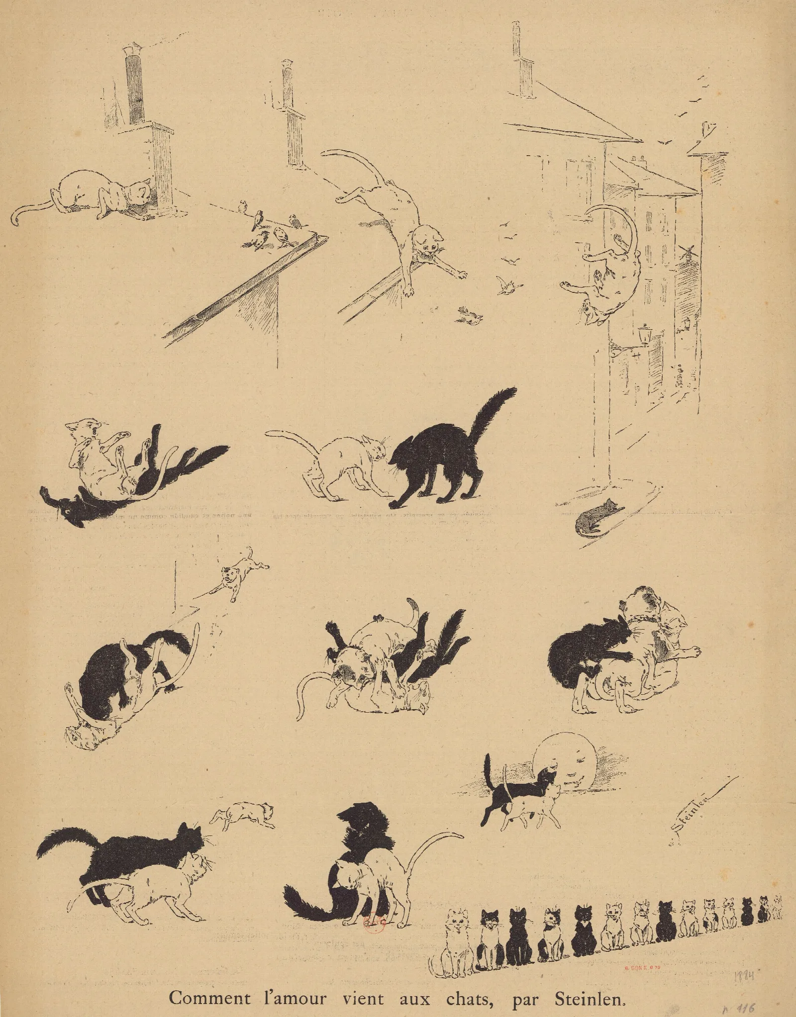 Comment Lamour Vient Aux Chats Wall Art by Théophile Alexandre Steinlen - Canvas Print