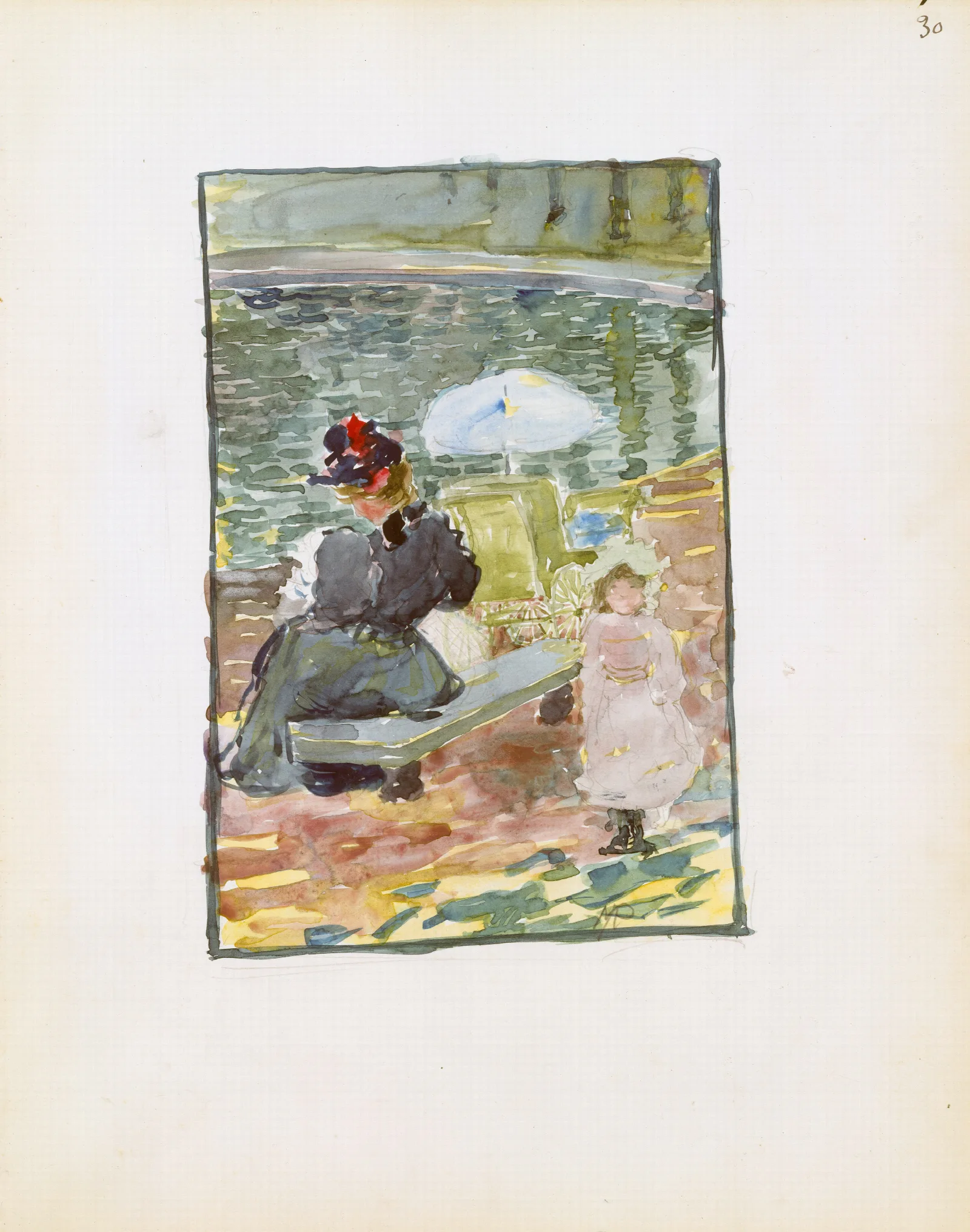 A Mother Sitting At The Edge Of A Pond With Her Baby And A Young Daughter Wall Art by Maurice Prendergast - Canvas Print