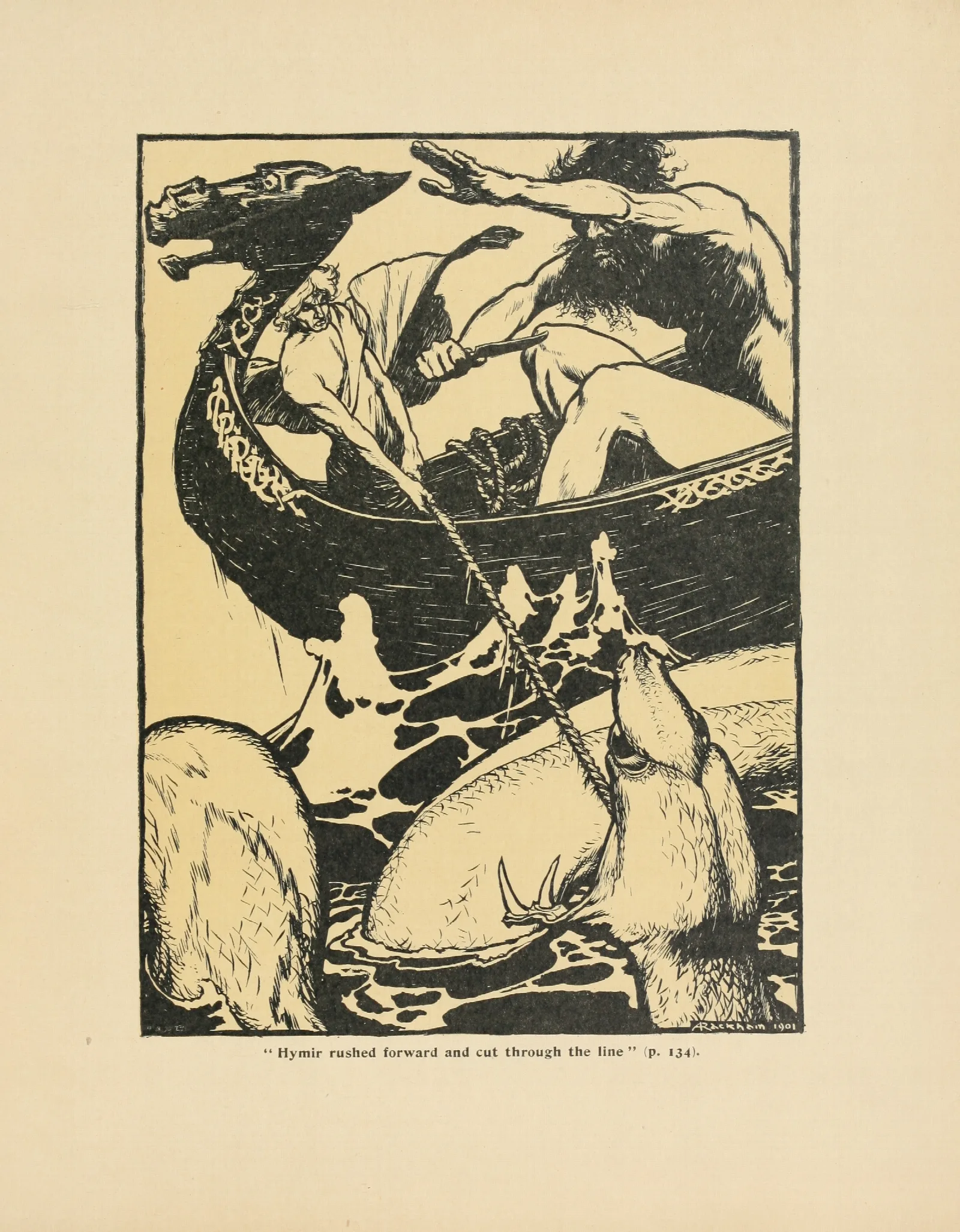 Hymir Rushed Forward And Cut Through The Line Wall Art by Arthur Rackham - Canvas Print