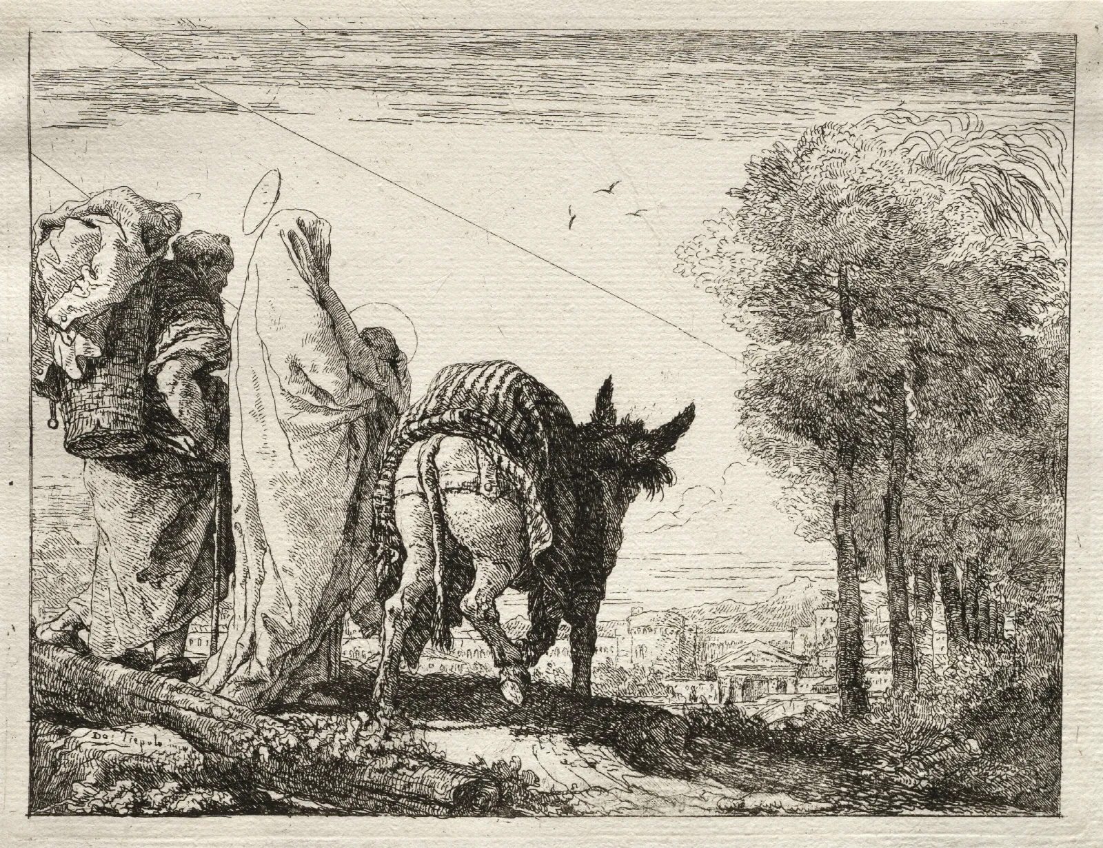 The Holy Family Approaching A Village Wall Art by Giovanni Domenico Tiepolo - Canvas Print