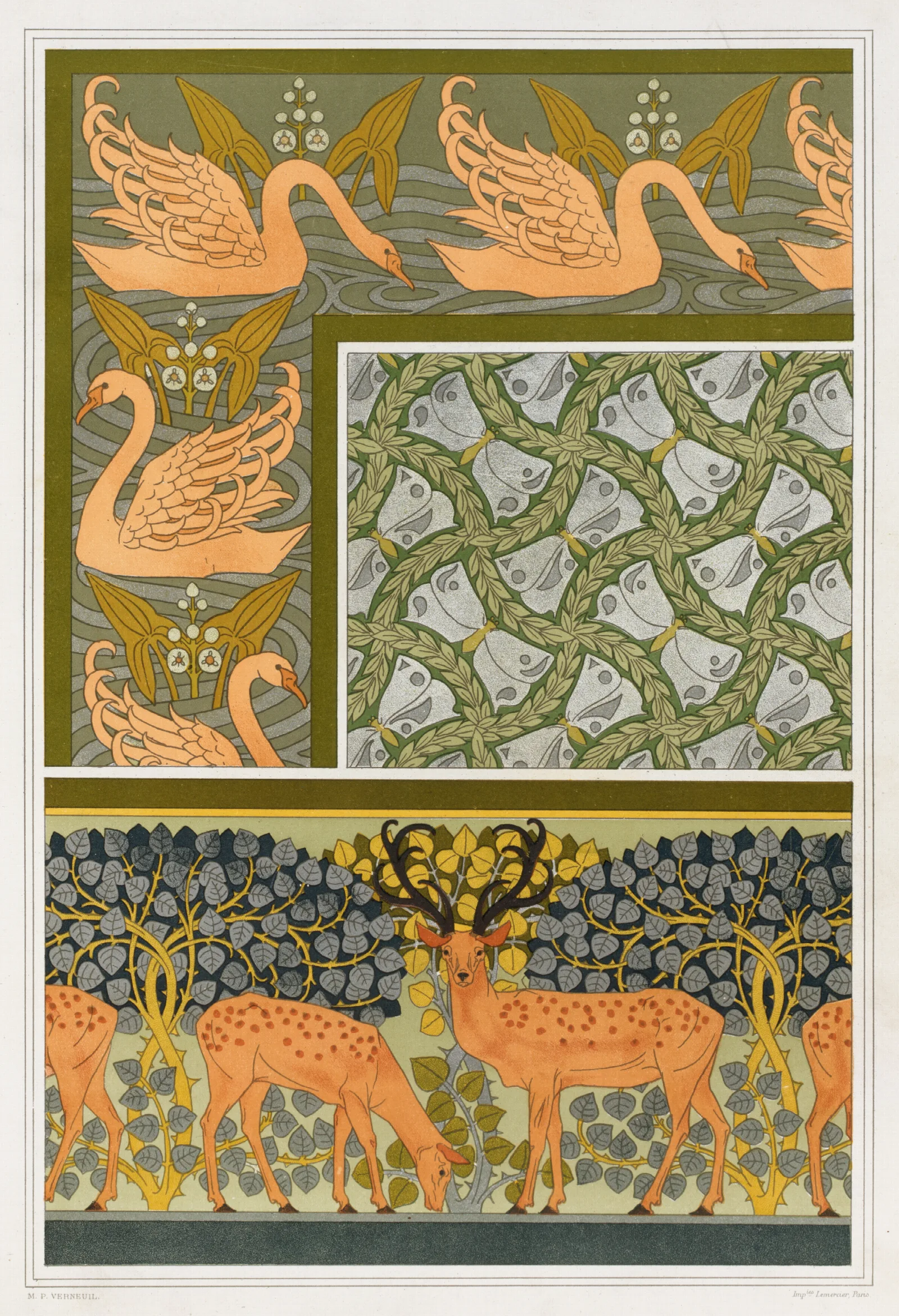 Cygnes Et Sagittaire Bordure Pappillons Et Feuillages Etoffe Cerfs Et Biches Frise Wall Art by Maurice Pillard Verneuil - Canvas Print
