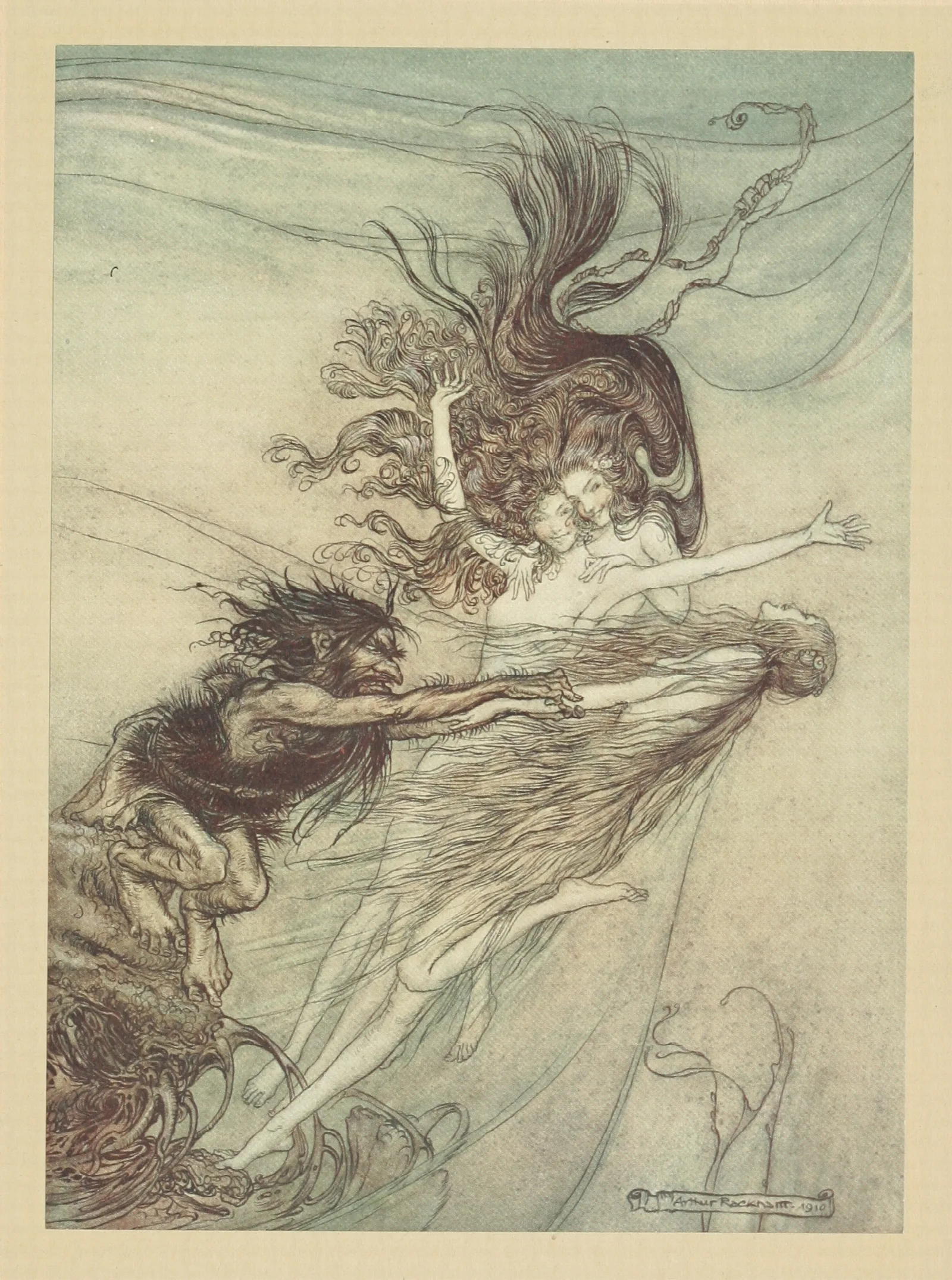 The Rhine Maidens Teasing Alberich Wall Art by Arthur Rackham - Canvas Print