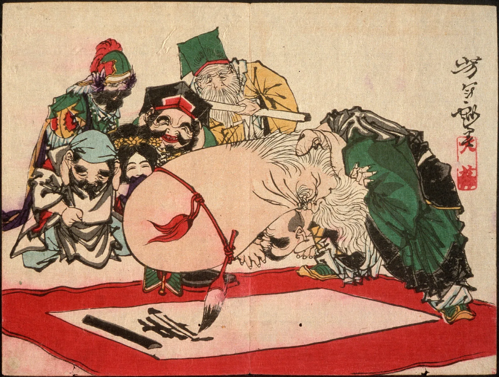 Fukurokuju Writing With His Head Wall Art by Tsukioka Yoshitoshi - Canvas Print