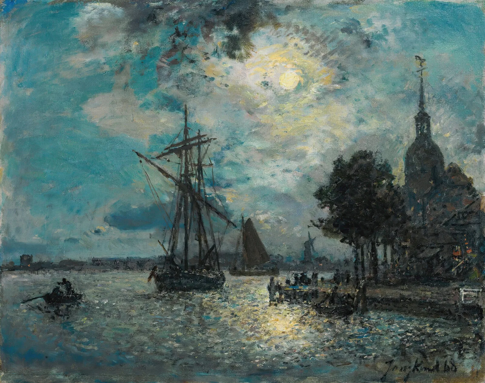 Le Port De Dordrecht Au Clair De Lune Wall Art by Johan Barthold Jongkind - Canvas Print